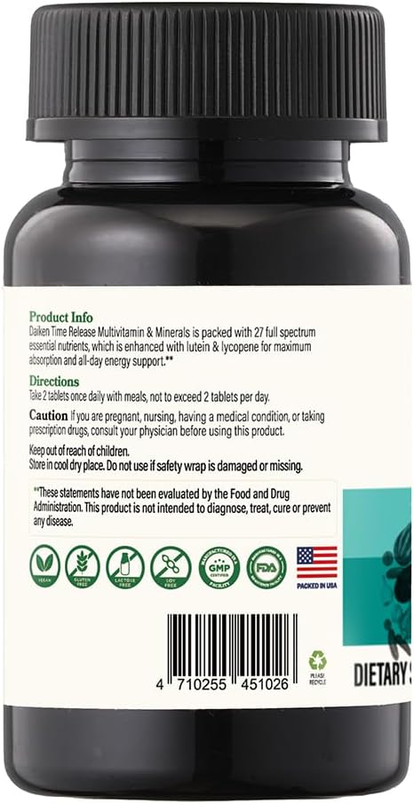 DAIKEN Mini Multivitamin, 60 Tablets, Enhanced with Lutein, Lycopene & Folic Acid, Time Released Multivitamin for Women & Men, Vegan & Easy to Swallow