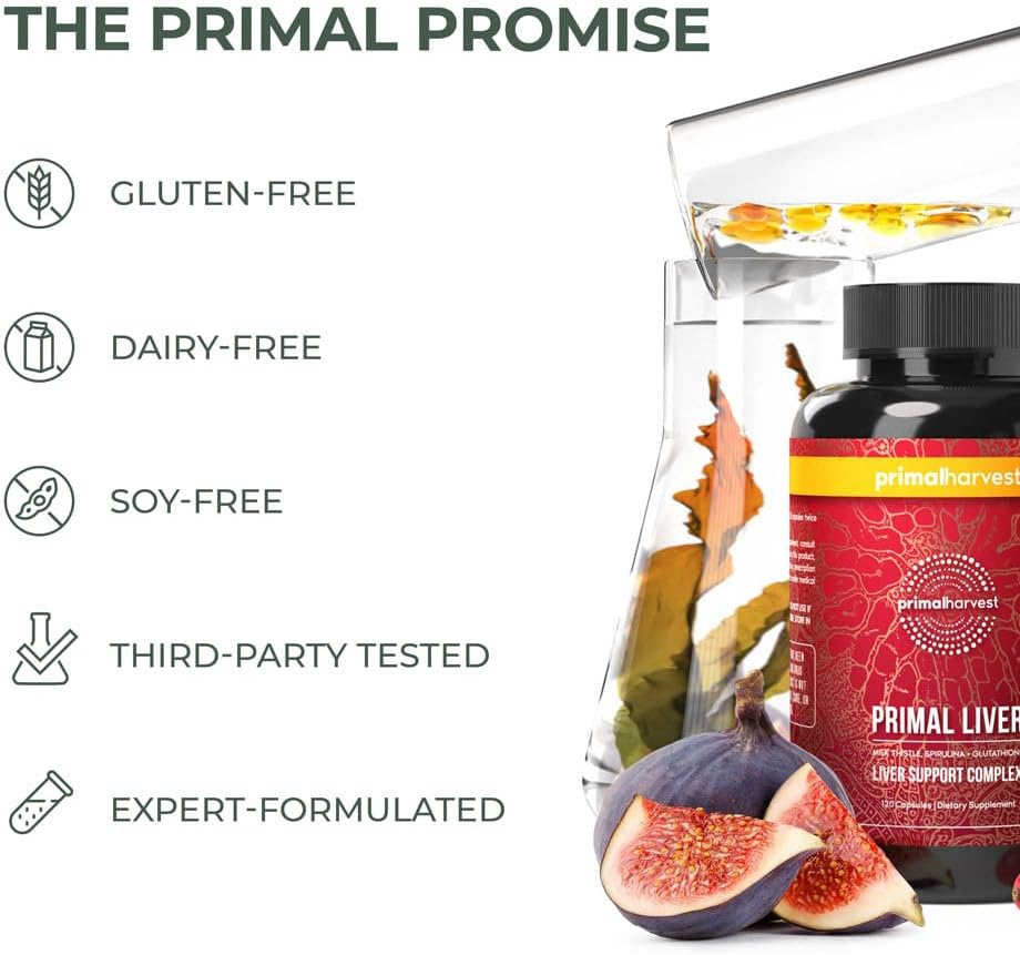 Primal Harvest Primal Liver Liver Supplement with, Alpha-Lipoic Acid, L-Cysteine HCL, L-Glutathione, Milk Thistle, and Spirulina, for Men and Women, 120 Capsules