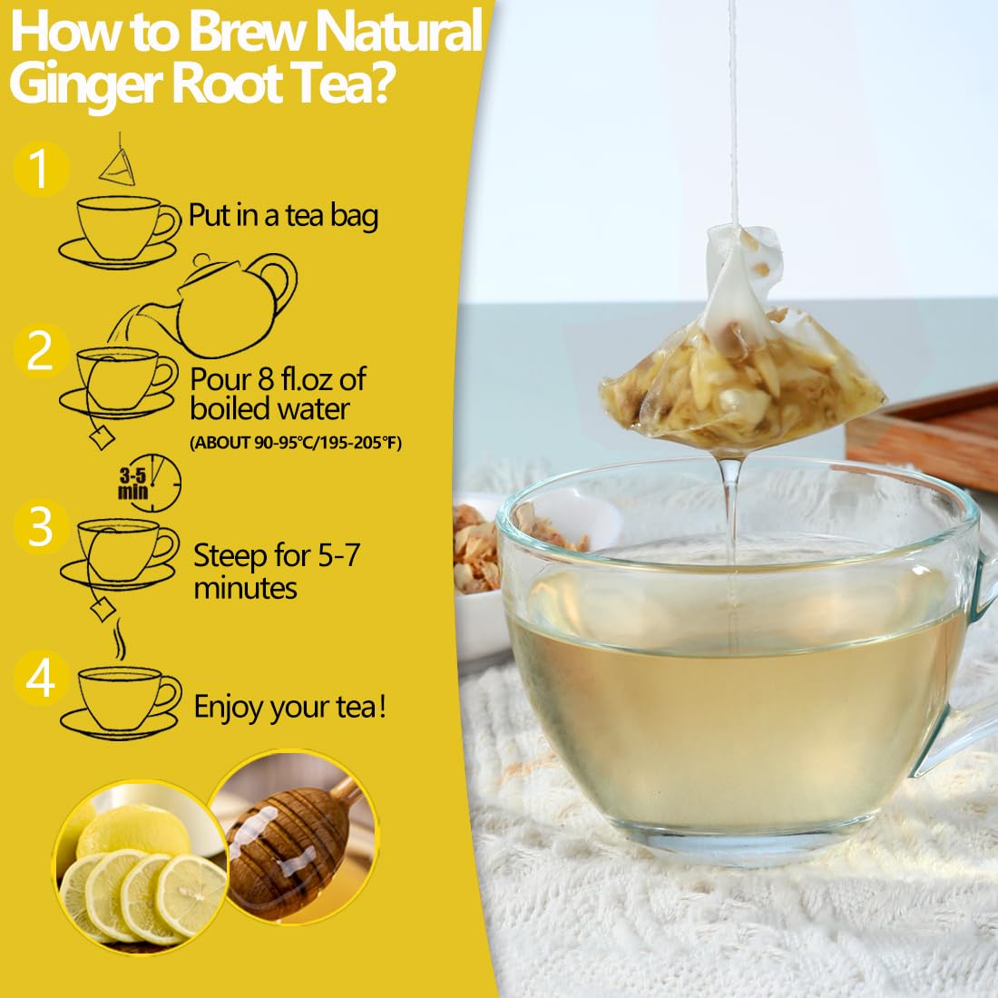 100 Premium Ginger Tea Bags/7.06 Oz, Made with 100% Natural Ginger Root, Warm & Spicy, Support Digestion & Boost Immunity, No Additives & Caffeine Free.