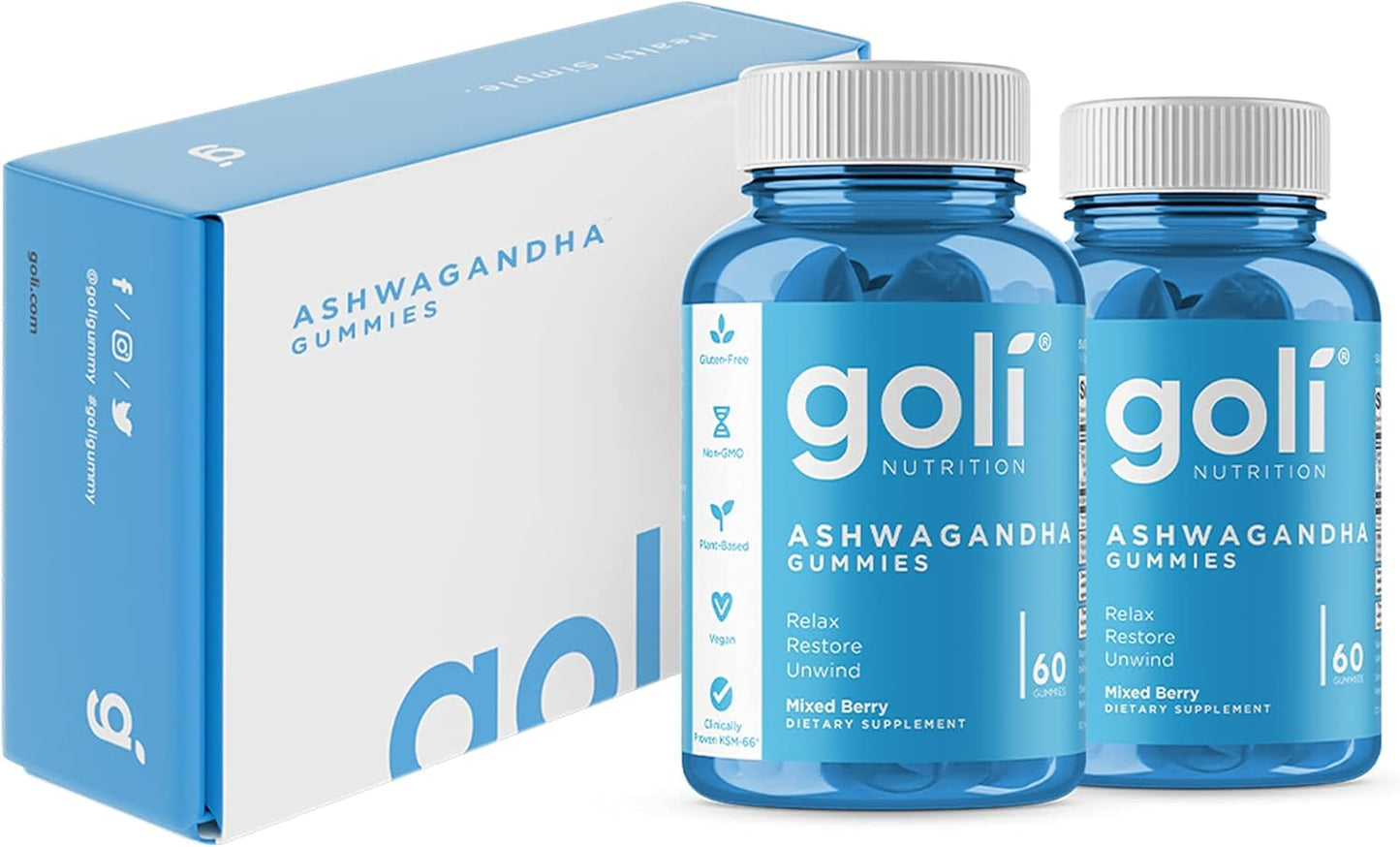 Goli Ashwagandha & Vitamin D Gummy 120 Count - Relax. Restore. Unwind. (Mixed Berry, KSM-66, Vegan, Plant Based, Non-GMO, Gluten-Free & Gelatin Free), Pack of 2
