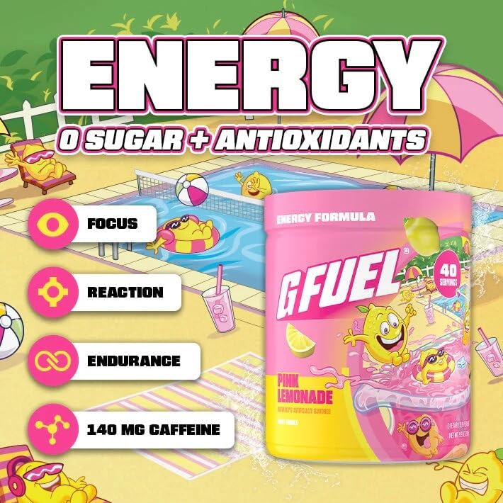 G Fuel Pink Lemonade Energy Drink Powder, Pre Workout Caffeine Mix for Gaming, Sugar Free Focus Amino, Vitamin + Antioxidants, 9.8oz (Pink Lemonade, 40 Servings)