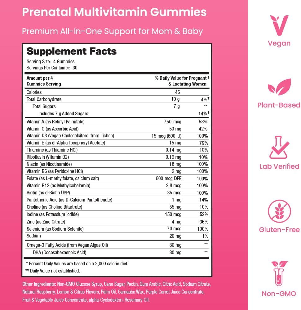 Prenatal Vitamin Gummies with DHA | Vegan Prenatal Vitamins for Women with Omega 3, Methylfolate, Choline & D3, Pregnancy Vitamins for Fetal Development | Gummy Multivitamin Supplement, 120 Count