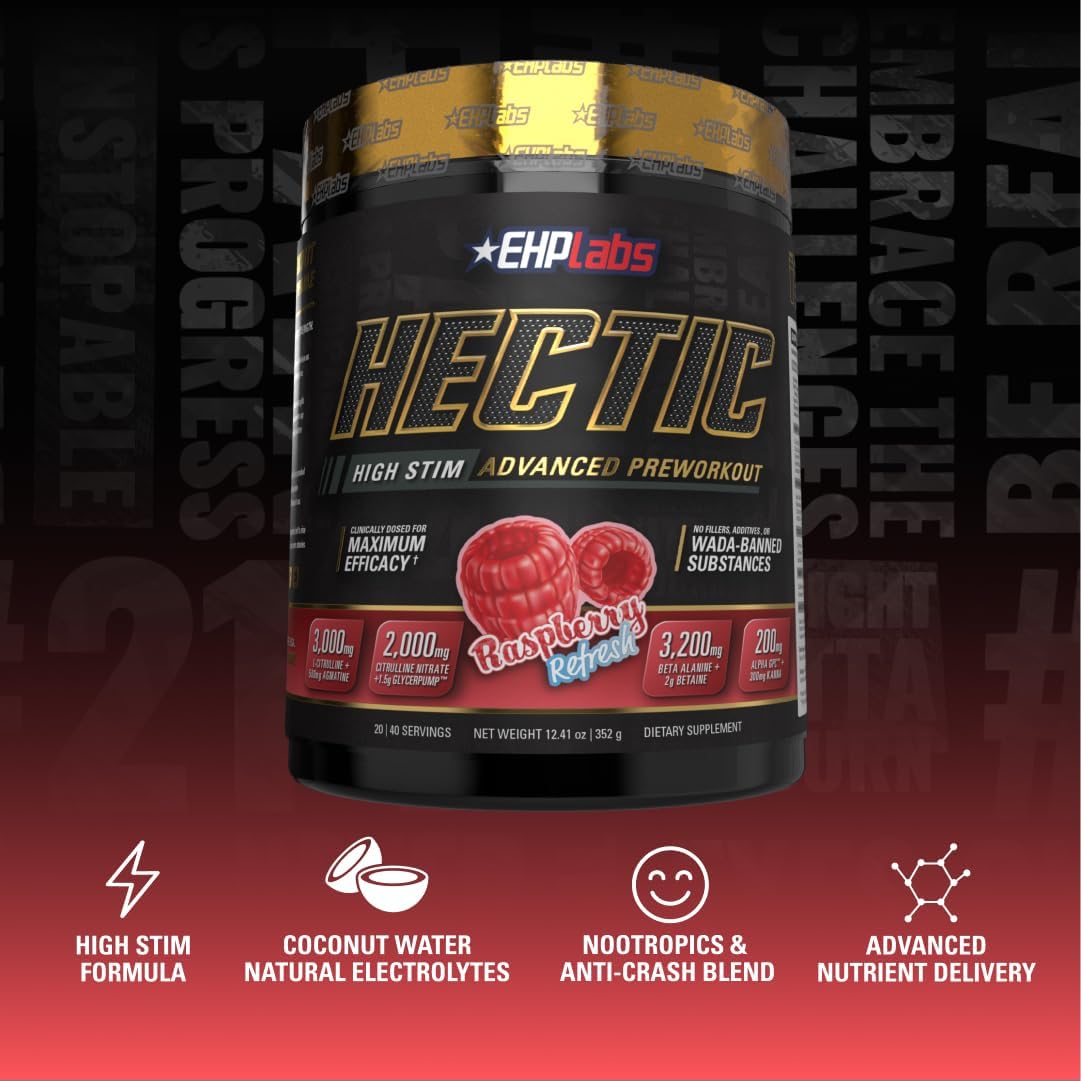 EHP Labs Hectic PreWorkout - High Stim Advanced Pre Workout Powder for Max Performance - Caffeine, Beta Alanine, Coconut Water - Energy, Pump, Recovery & Hydration - 40 Serves (Raspberry Refresh)