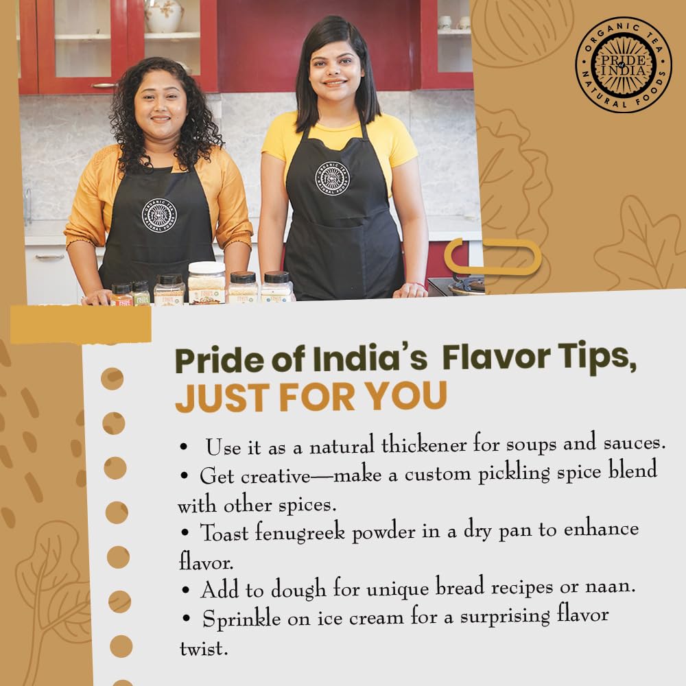 Pride of India – Fenugreek Seed Ground – Gourmet Indian Spice – Vegan, Gluten & GMO-Free – Ideal for Cooking & Meat Seasoning – Easy to Use – 7 oz. Medium Dual Sifter Jar