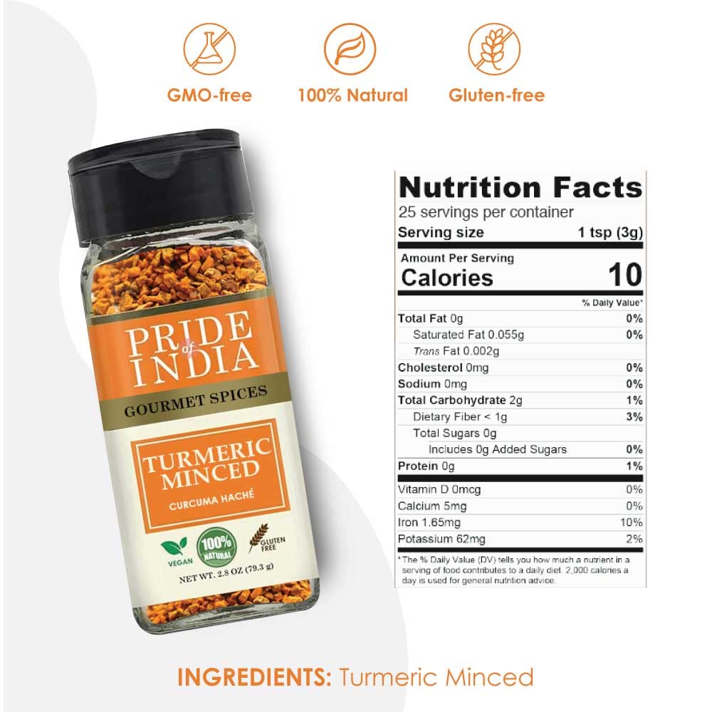 Pride Of India- Gourmet Turmeric Minced Whole- 2.8 oz (79.3gm) Small Dual Sifter Jar- An Exquisite Spice, known for its Beautiful Golden Color and Ayurvedic Properties- GMO Free Vegan