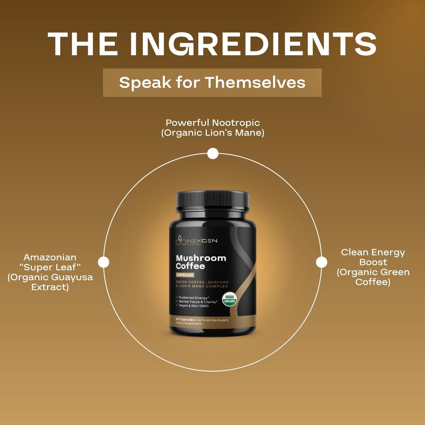 100% Organic Mushroom Coffee Capsules - Natural Energy Supplement with 130mg Caffeine from Clinically Proven Patented Green Coffee Bean & Guayusa Extracts for Jitter-Free Energy & Focus (60 Servings)