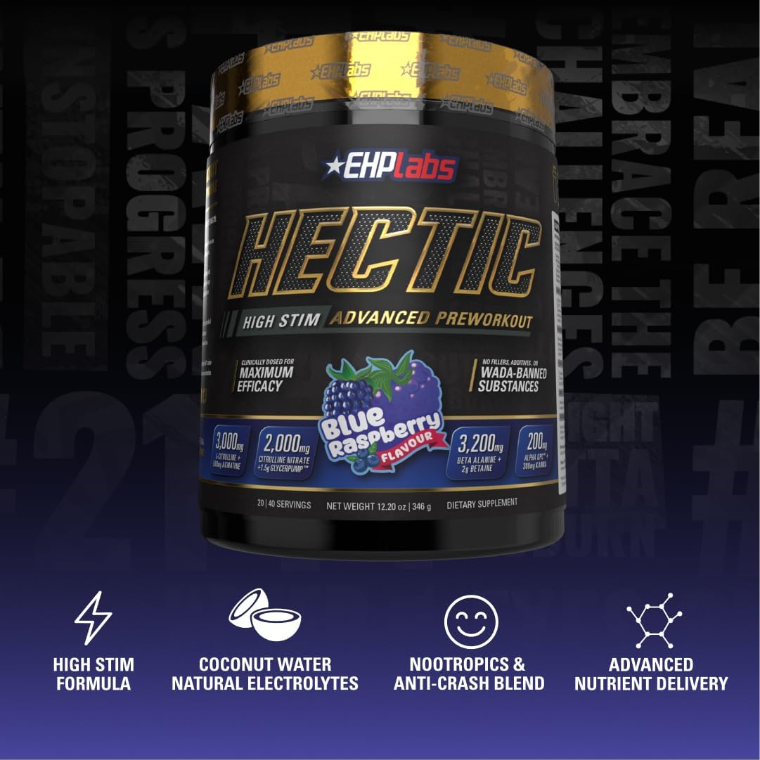 EHP Labs Hectic PreWorkout - High Stim Advanced Pre Workout Powder for Max Performance - Caffeine, Beta Alanine, Coconut Water - Energy, Pump, Recovery & Hydration - 40 Serves (Blue Raspberry)
