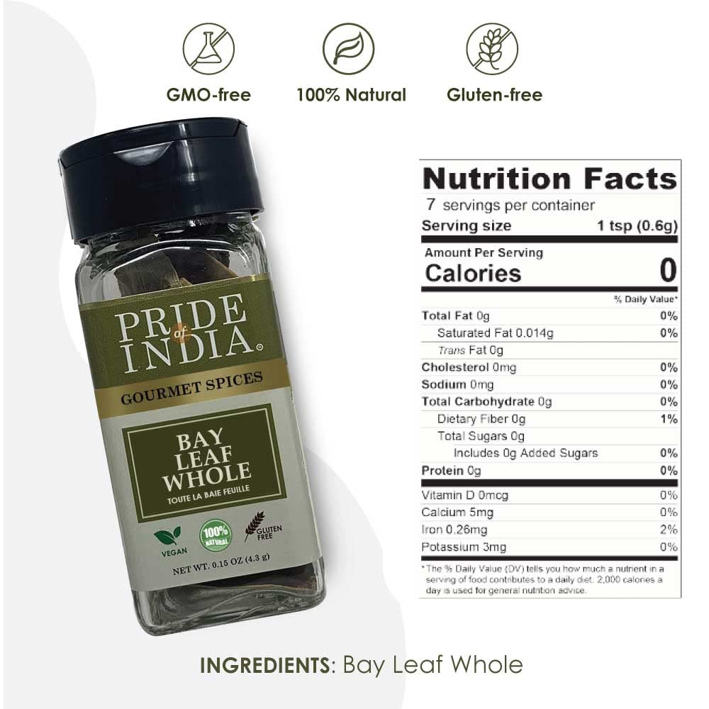 Pride of India – Bay Leaf Whole – Authentic Indian Culinary Spice/ Premium Quality – Gourmet & Preservatives Free – Easy to Use – 0.15 oz. Small Dual Sifter Jar