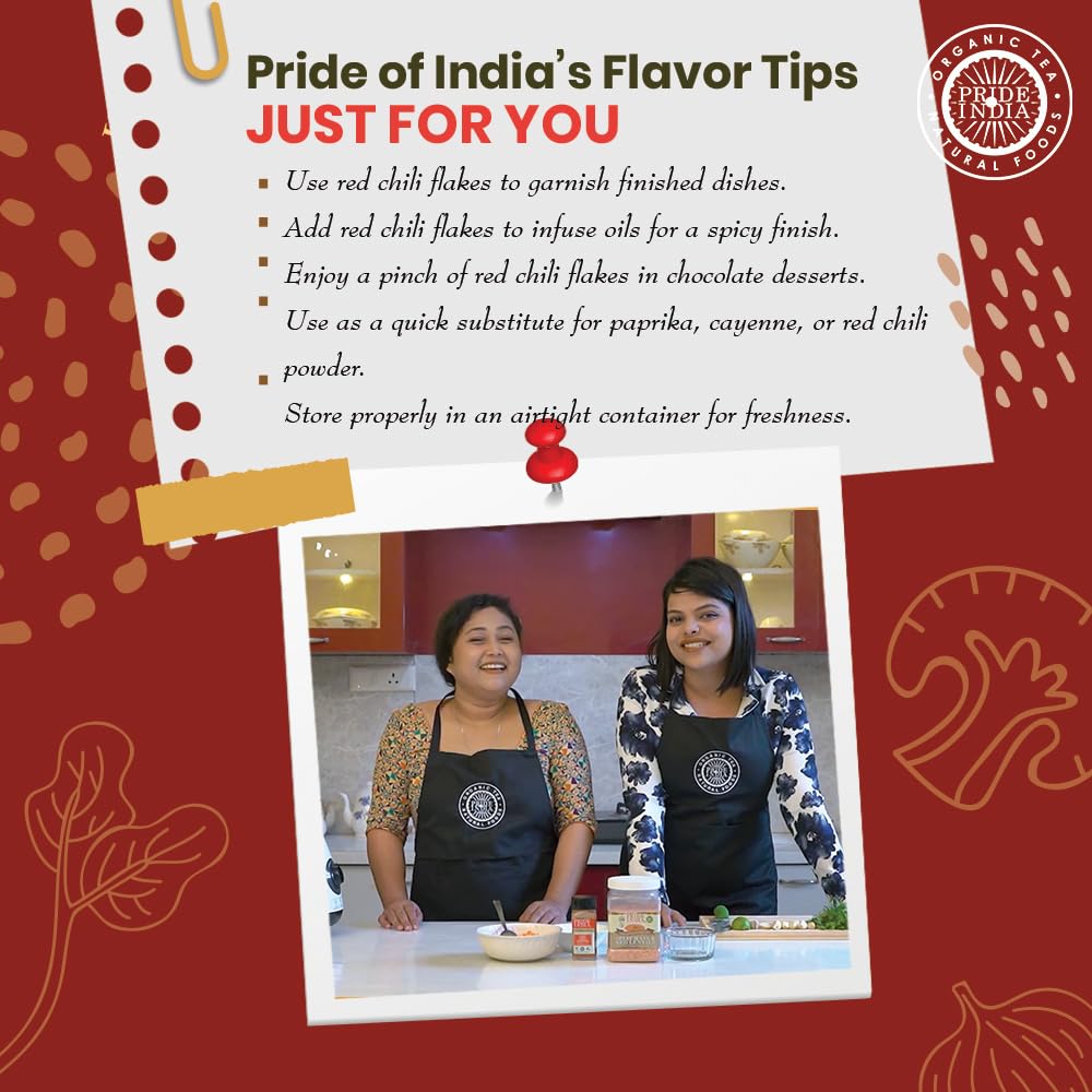 Pride of India | Red Chili Flakes 1.27 oz (36 gm) Small Dual Sifter Jar | Gourmet Spice, Culinary Must Have | Pleasant Heat, Distinct Flavor & Aroma | Sprinkle onto Pizza, Pasta, Pork, Flatbread | Easy to Store | Vegan, Non-Bioengineered