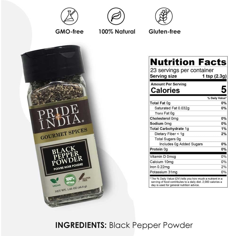 Pride of India – Black Pepper Ground – Ideal for Gourmet Dishes/Soups/Stews/Rubs – Fresh & Preservatives Free – Warming Spice – Easy to Use – 1.65 oz. Small Dual Sifter Jar