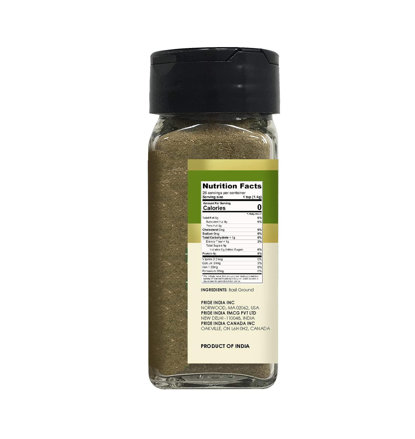 Pride of India Basil Leaf Powder | Gourmet Dried Basil Culinary Herb | Mediterranean Seasoning for Pesto, Stews & Curries | Tulsi Powder | Easy to Use | Small Dual Sifter Jar 1.6 oz