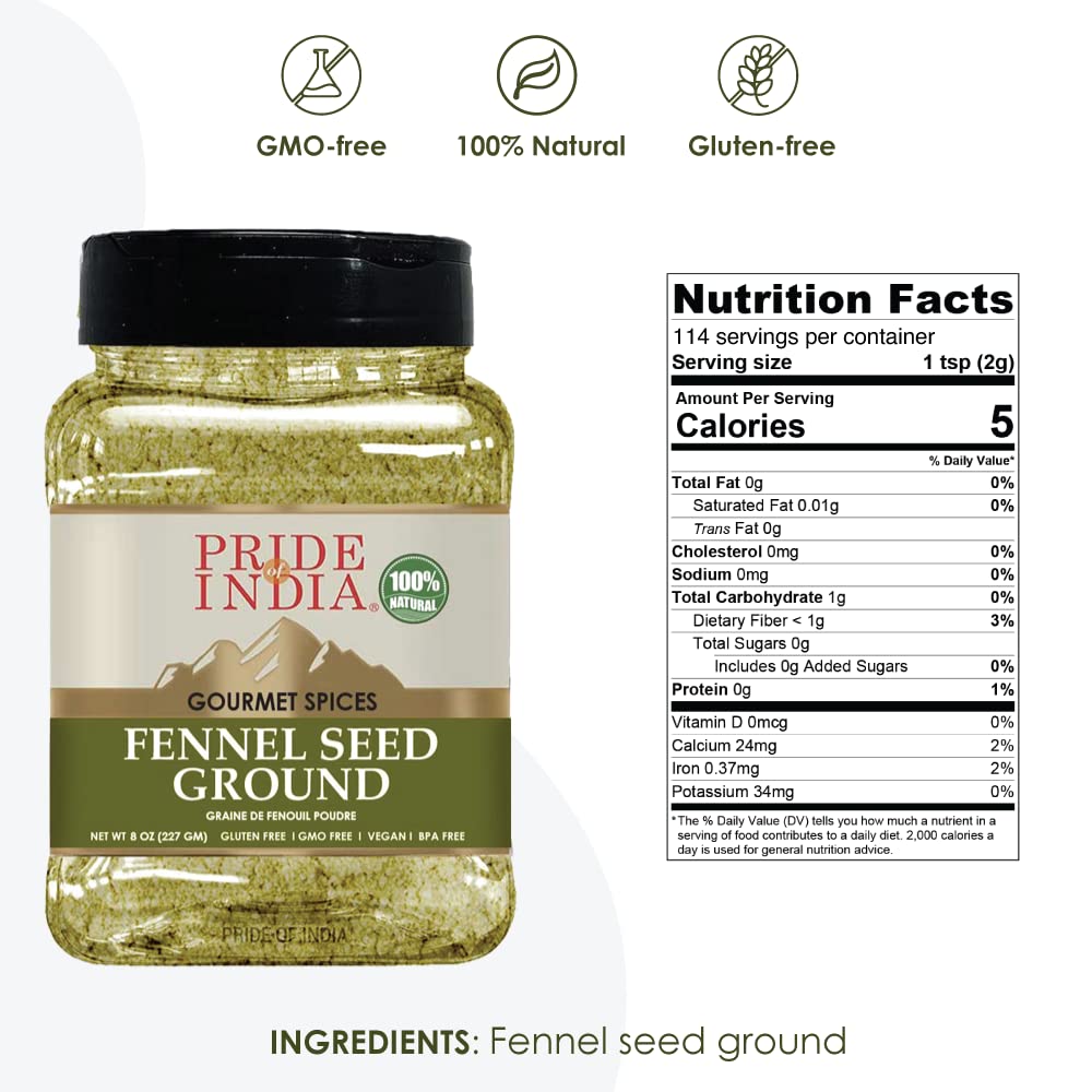 Pride Of India – Fennel Seed Ground – Natural & Gourmet Spice – Perfect Addition to Tea/Drinks/ Roast/Rubs/Bakes/ - Cooling Properties – Easy to Store – 8 oz. Medium Dual Sifter Jar