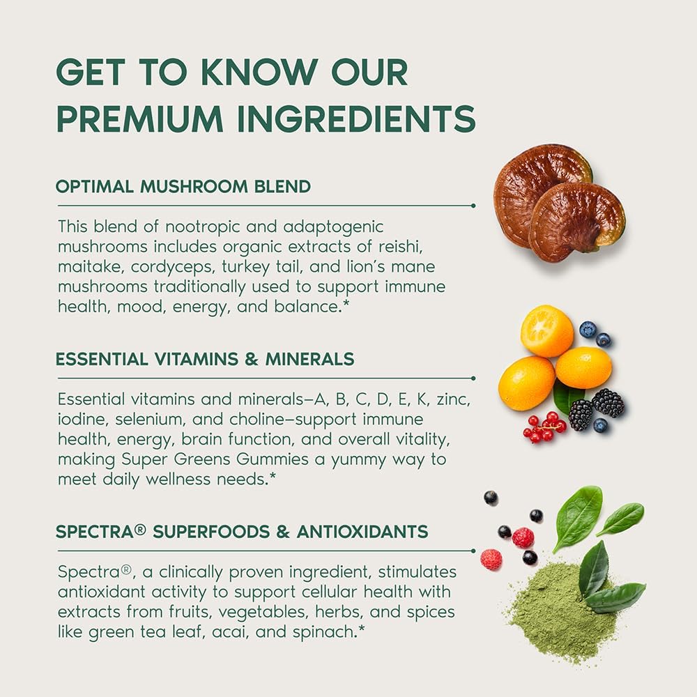 Primal Harvest Super Greens Gummies, Superfood Blend with Adaptogenic Mushrooms Vitamins & Nutrient-Rich Minerals & Antioxidants for Energy & Immune Support (1 Pack (60 Count), Berry)