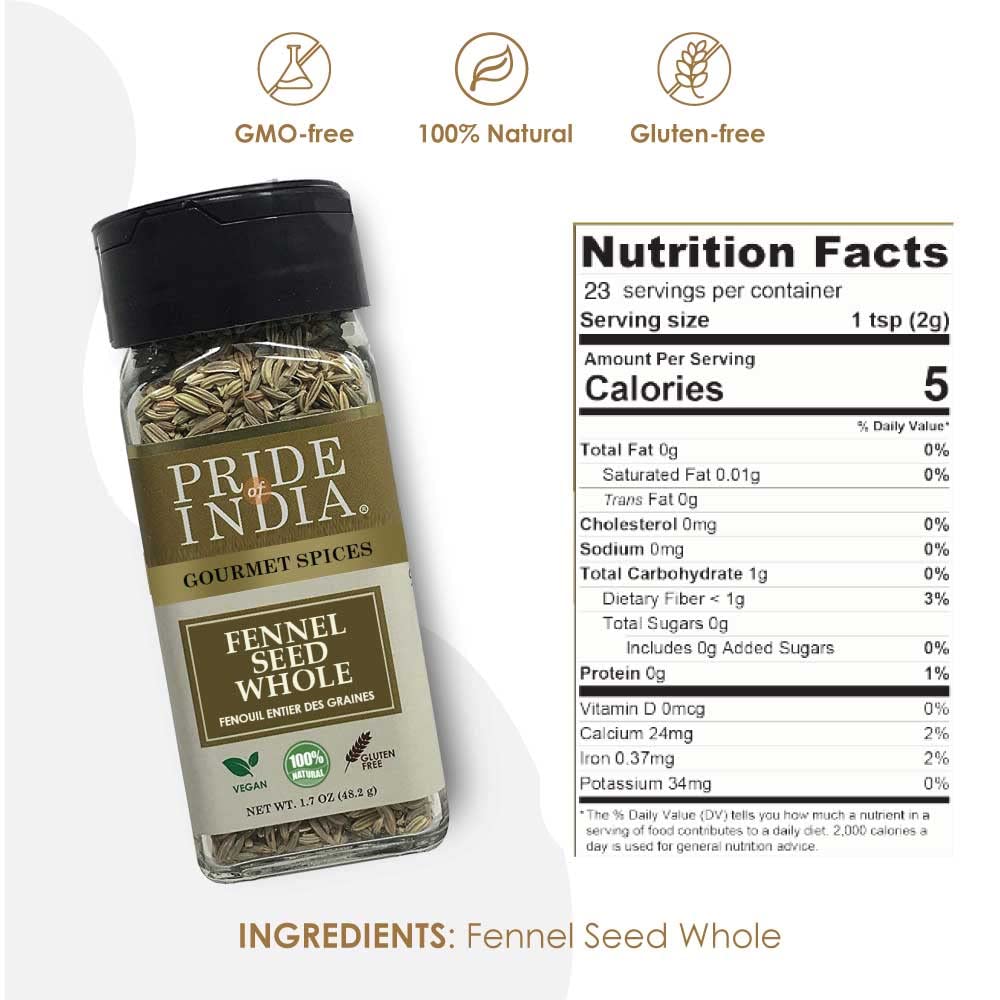 Pride of India – Fennel Seed Whole – Gourmet Spice – Fresh & Aromatic – Mouth Freshener – GMO/Gluten Free – Flavoring for bakes, meat & more – Easy to Use – 1.7 oz. Small Dual Sifter Bottle