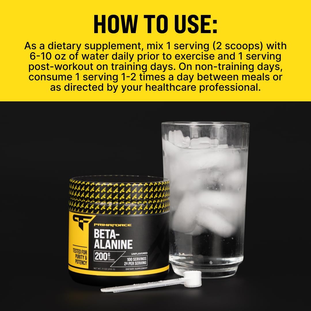 Primaforce Beta Alanine Powder, Unflavored, 200 Grams - Gluten Free, Non-GMO Supplement for Men and Women