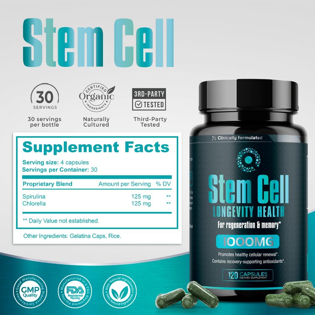 Premium Stem Cell Supplements 1,000mg (360 Caps) Boost Immunity, Reduce Joint Soreness, Support Natural Anti-Aging & Longevity with Spirulina & Chlorella for Vitality, Celulas Madre Health Formula
