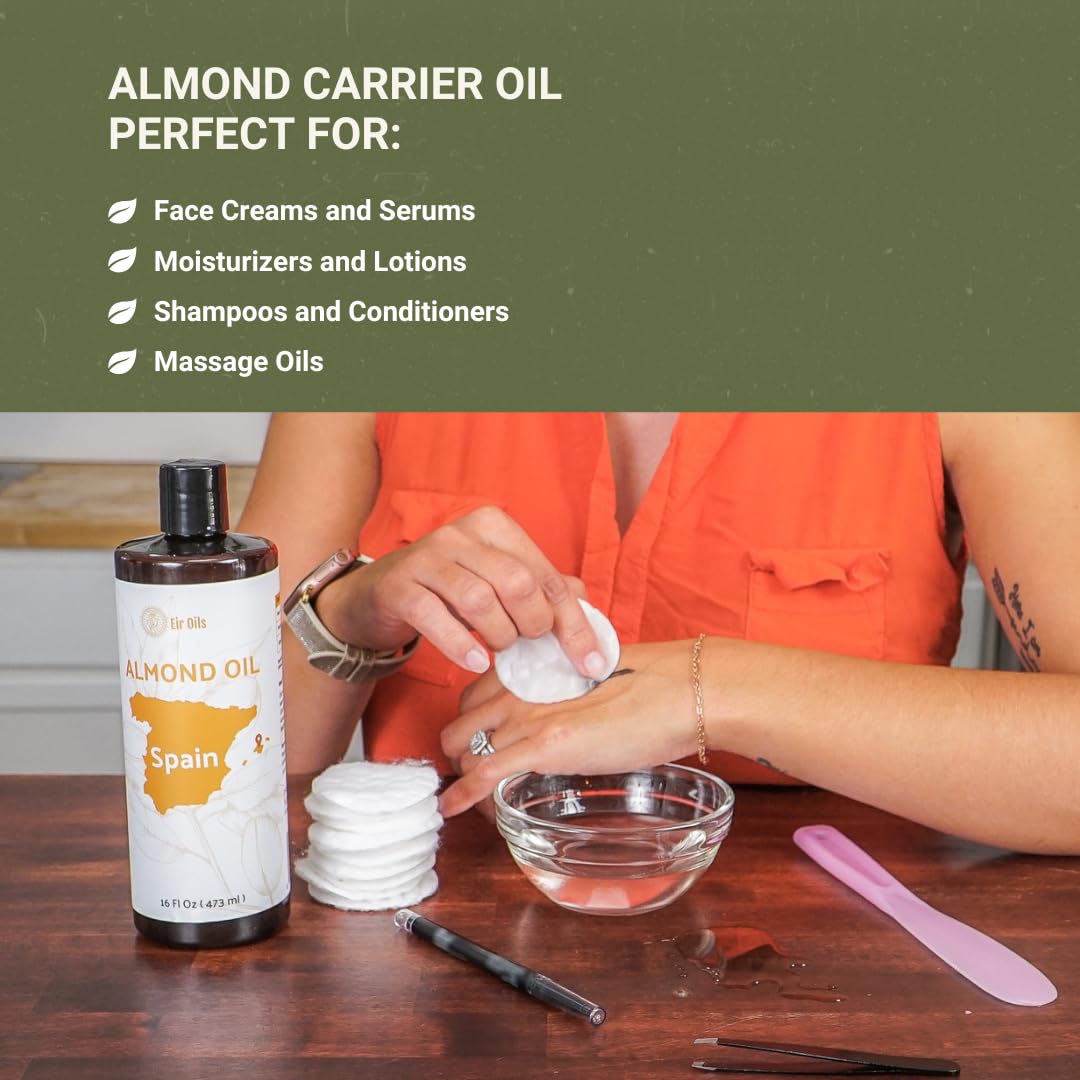 Sweet Almond Oil (16 oz) - for Skin and Hair - Carrier Oil for Essential Oils Mixing - From EIR Oils' Farm in Mallorca, Spain - 1 Pack