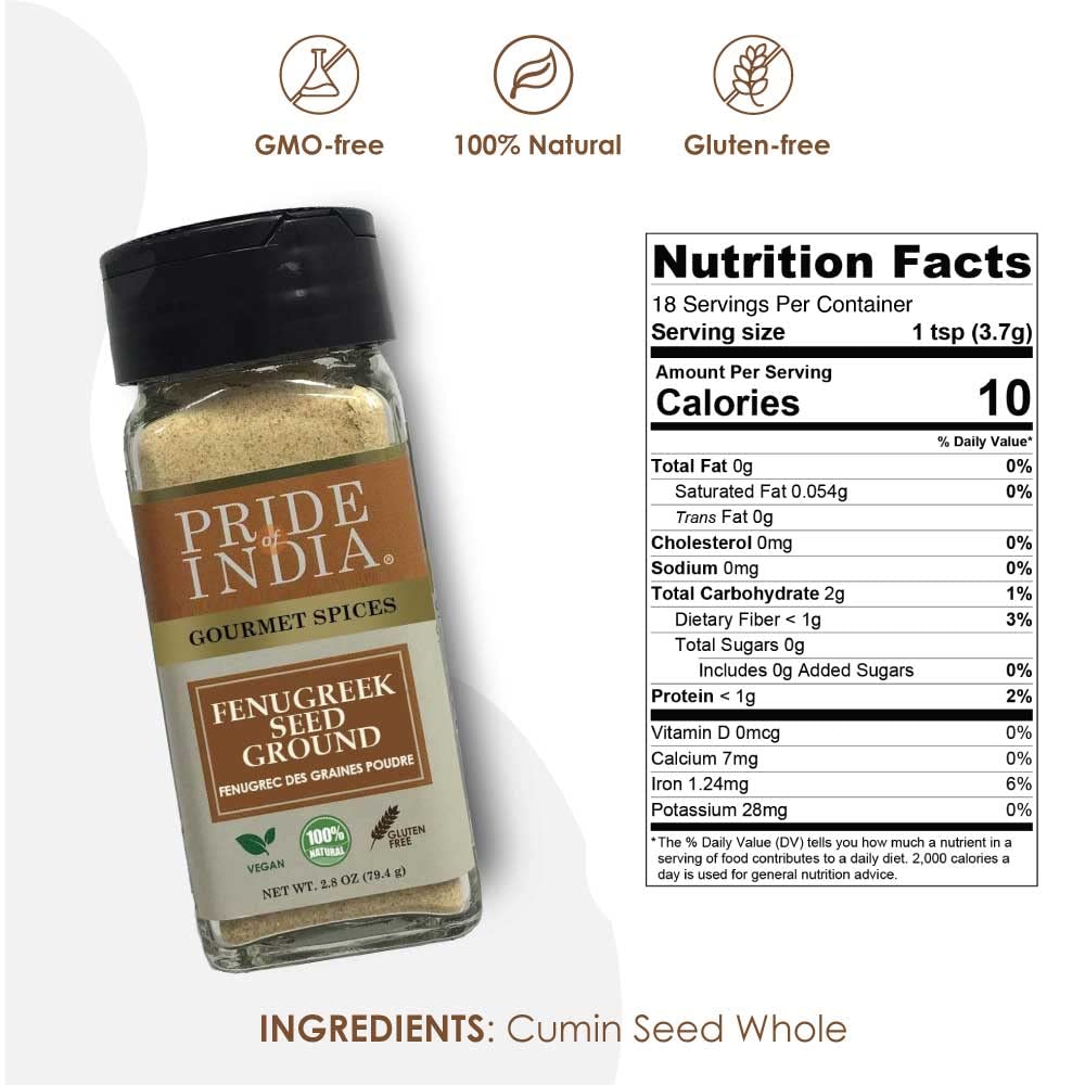 Pride of India – Fenugreek Seed Ground – Gourmet Indian Spice – Vegan, Gluten & GMO-Free – Ideal for Cooking & Meat Seasoning – Easy to Use – 2.8 oz. Small Dual Sifter Jar