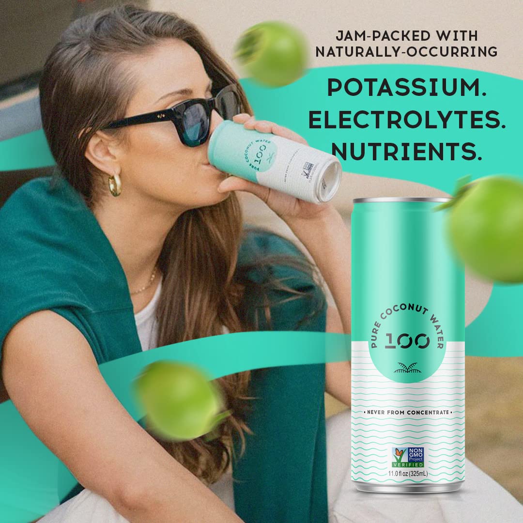 100 Coconuts - 100% Pure Coconut Water - Low Calorie All-Natural Drink with Electrolytes - Naturally Sweet, no preservatives - Non-GMO, 11 fl oz, Pack of 12 (Pure Coconut Water)