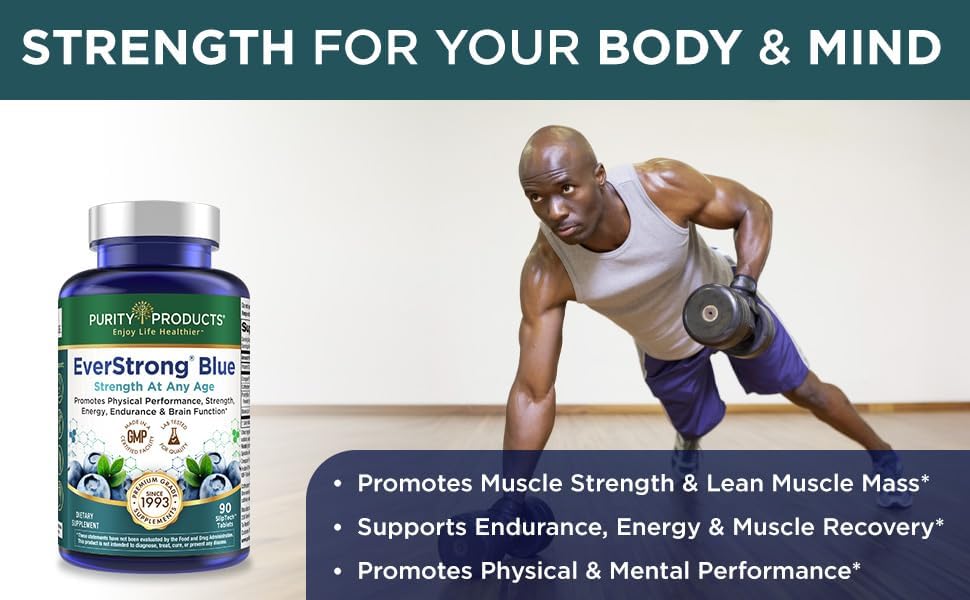 Purity Products EverStrong Blue Strength Building + Brain Boosting w/Muscle Matrix Blend ft. Creatine Monohydrate + More, PurityBlue Organic Blueberry Complex, 1000 IU Vitamin D3-90 Tablets