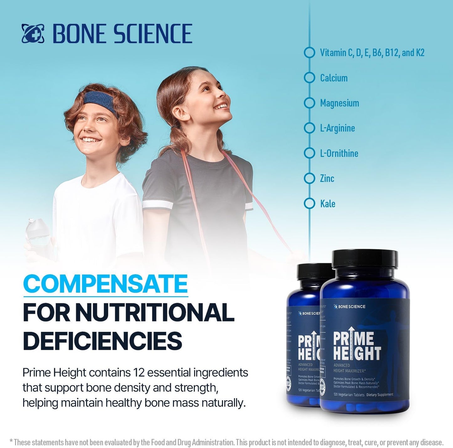 Prime Height Bone & Joint Health – Daily Nutritional Support for Kids, Teens & Adults – 120 Tablets