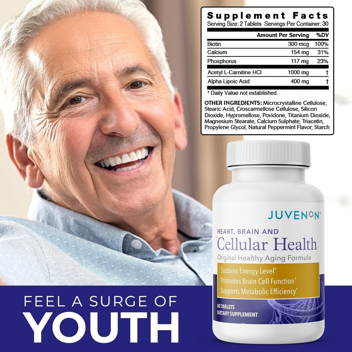 Juvenon Cellular Health | Heart, Brain Supplement with Acetyl L-Carnitine and Biotin - Supports NAD+ Function, Energy Production, Mood, Revitalized Metabolism, Mental Focus & Clarity (60 Tablets)