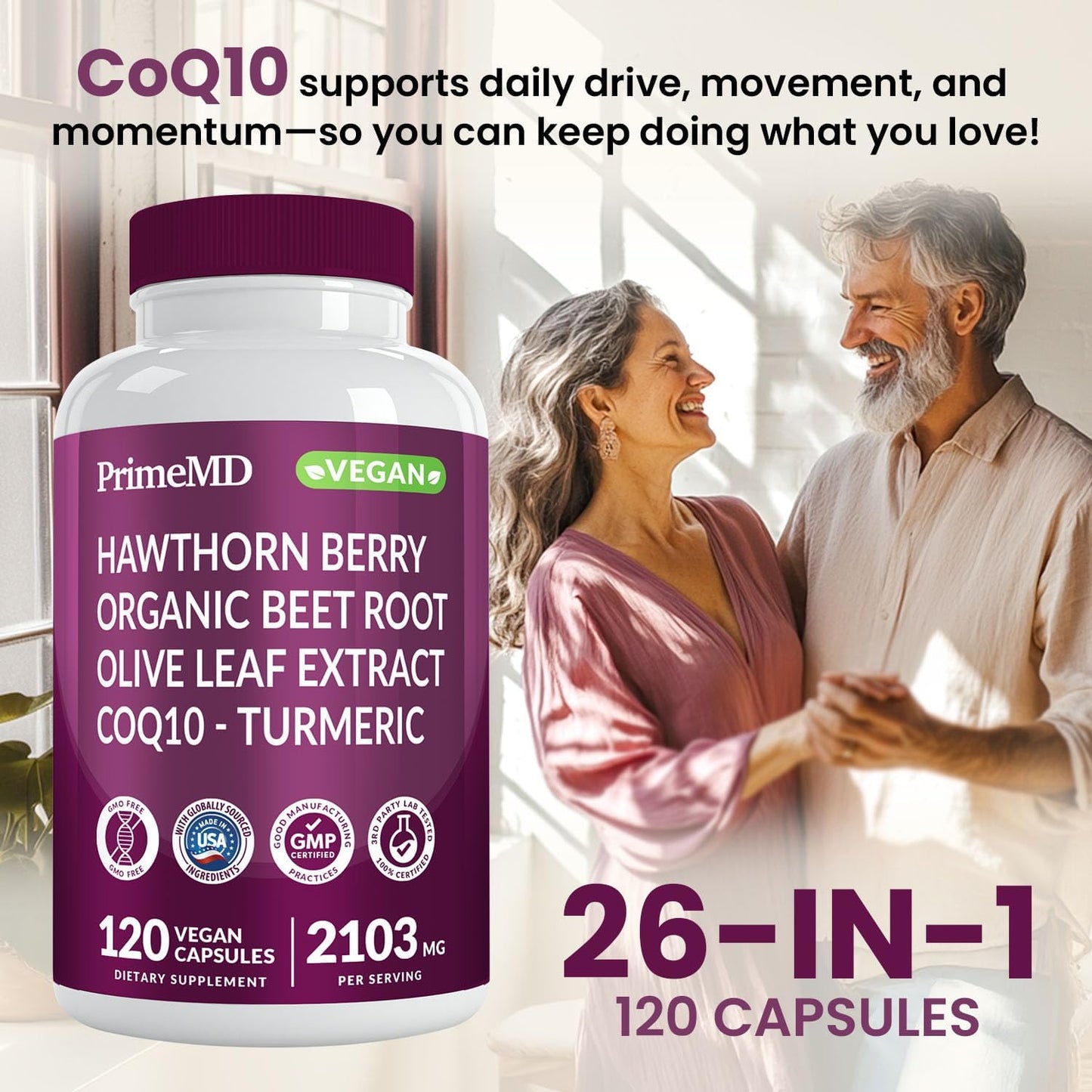 26-in-1 Nitric Oxide Supplement - Heart & Circulation Support with CoQ10, Turmeric, Organic Beet Root, Hawthorn Berry & Garlic - 2103mg per Serving (120ct, Pack of 2)