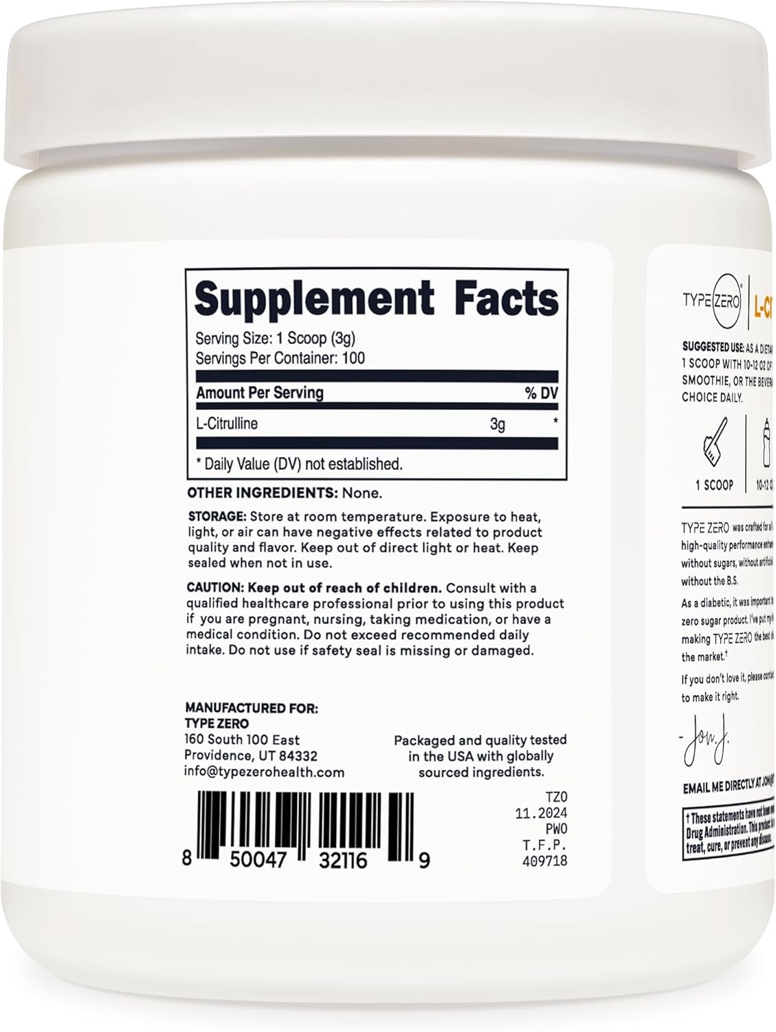 Type Zero L-Citrulline Base Powder, 3,000mg Per Serving - 100 Servings