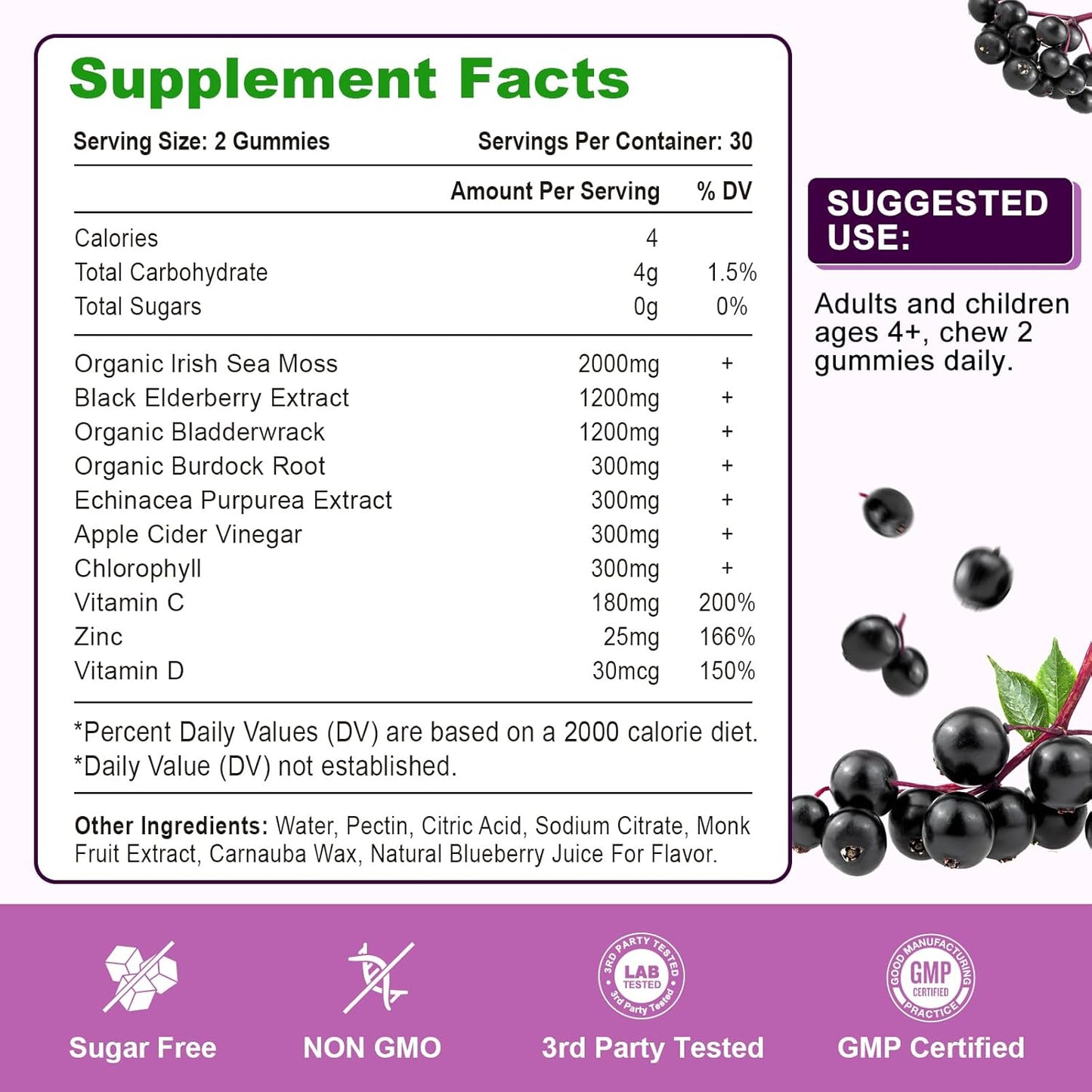 2 Pack Elderberry Gummies with Sea Moss, Extra Strength Elderberry with Vitamin C, Zinc for Immune Support for Adults, Kids, Women & Men, Blueberry Flavor 120Cts