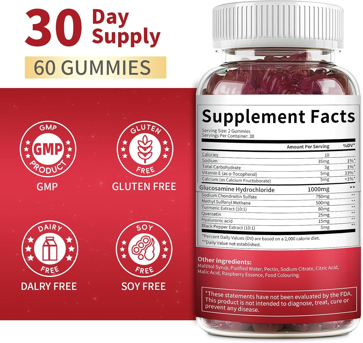 2 Pack Glucosamine Chondroitin Gummies, Glucosamine 1000mg, Chondroitin 750mg with MSM, Turmeric, Quercetin, Vitamin E, Calcium - Joint Health Support Supplement for Men & Women, Raspberry