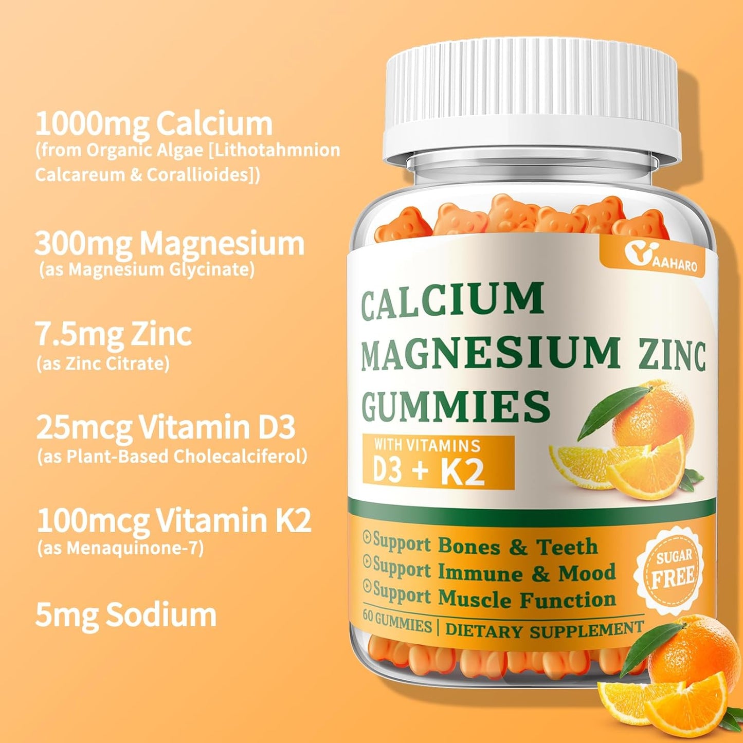 (2 Pack) Calcium Magnesium Zinc Gummies with Vitamin D3 & K2 - Sugar Free Calcium Gummies for Women and Men - Bone & Immune Support - Non-GMO, Gluten-Free, Orange Flavored - 120 Count