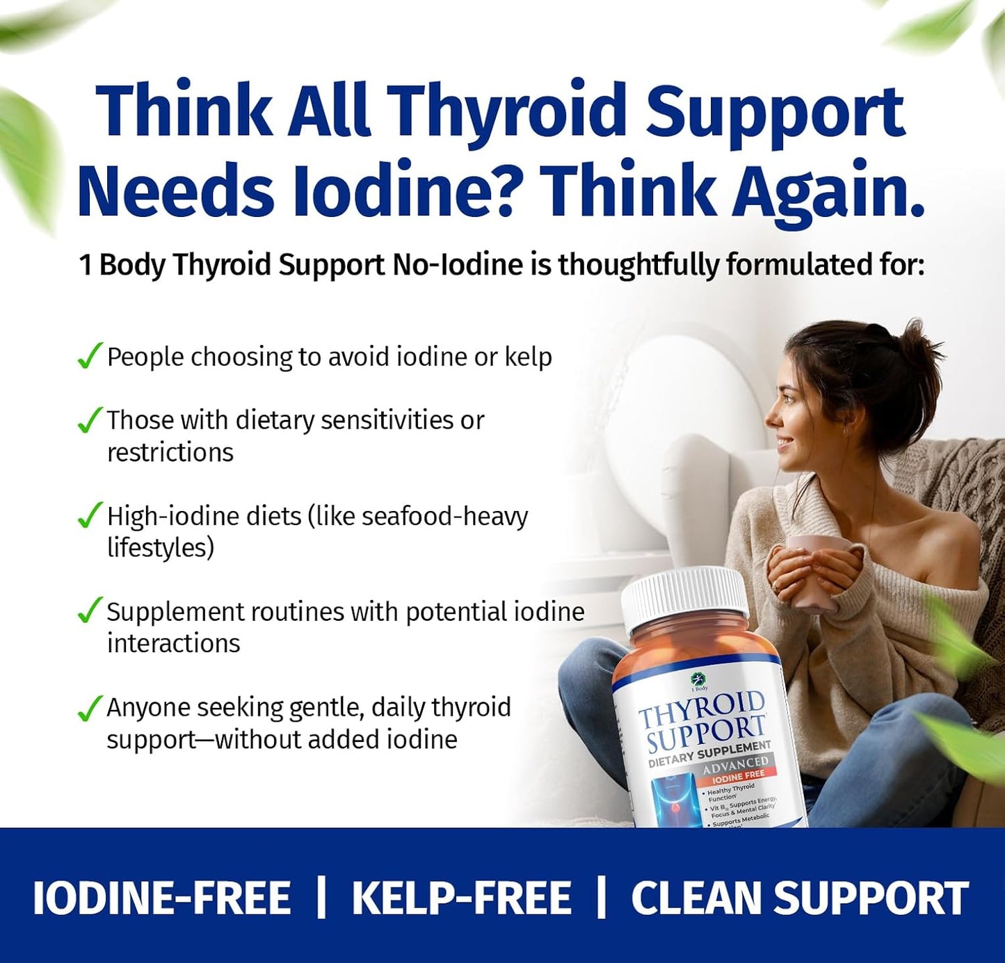 1 Body Thyroid Support Supplement, Iodine-Free, Vegan, with L-Tyrosine and Ashwagandha, 60 Capsules