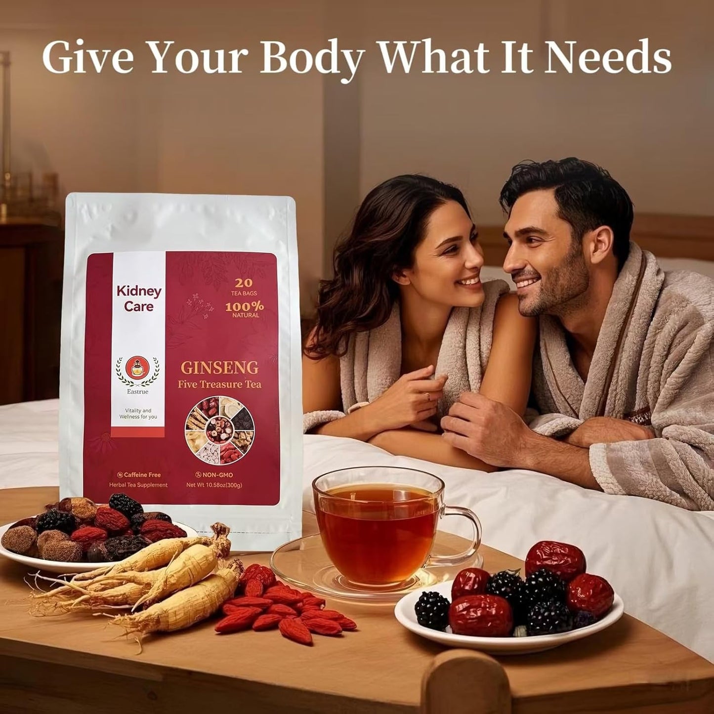 20 Pack Organic Ginseng Kidney Tea-Ginseng Six Treasure tea,Eight Natrual Herbs Blend Mulberry,Wolfberry-Traditional Chinese Herbal Kidney Tea Formula for Men & Women,100% Plant Base(300g/Bag)