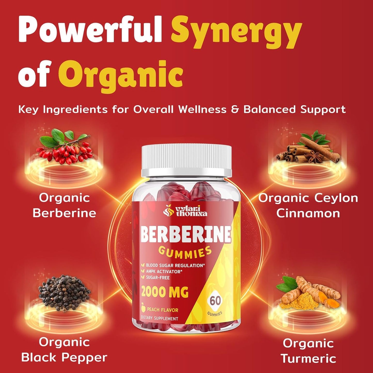 2000mg Berberine Supplement Gummies - High Potency Berberine with Ceylon Cinnamon Candy, Turmeric, Magnesium, Chromium - Sugar Free, Vegan, Non-GMO, Gluten-Free - Peach Flavor 60 Gummies - 2 Pack