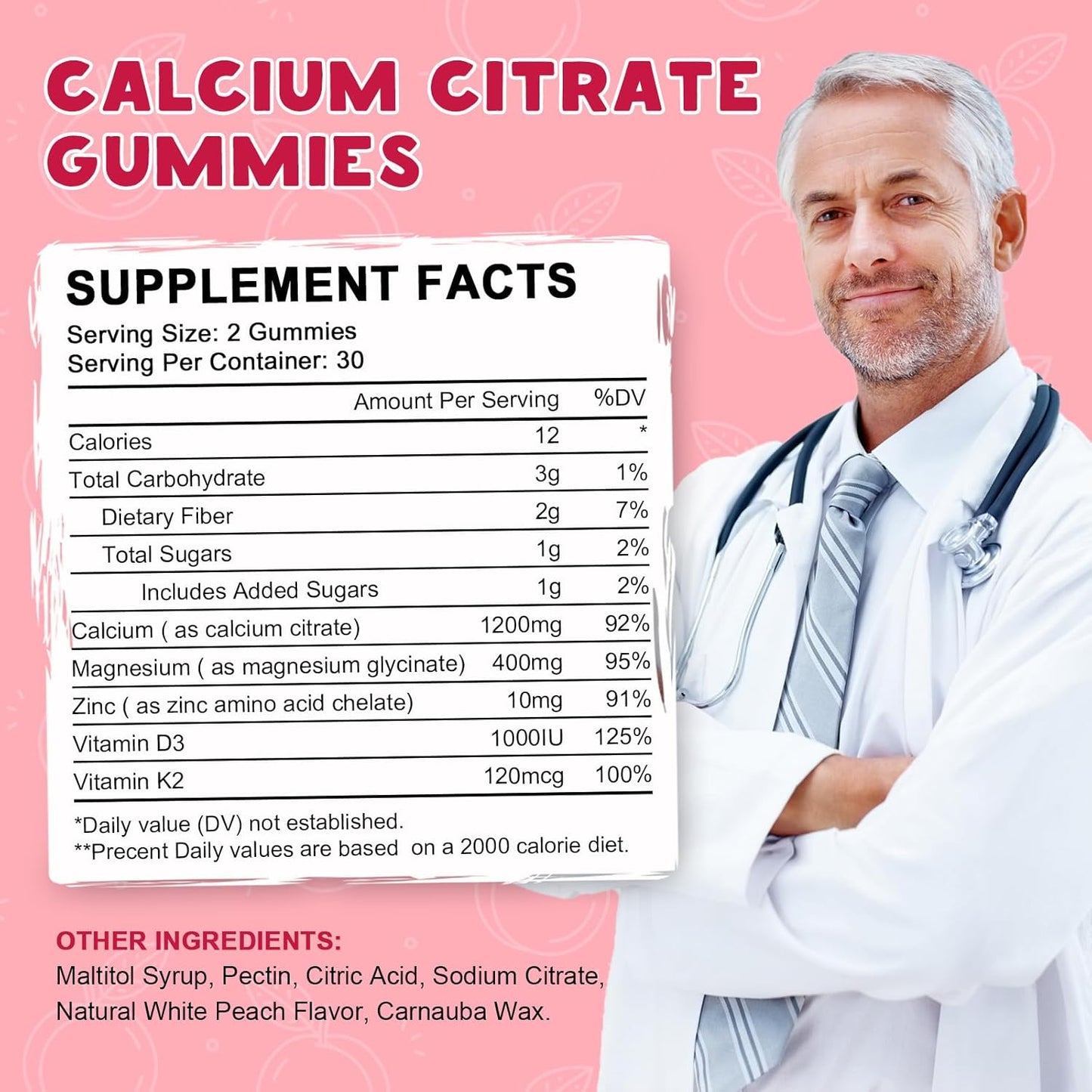 (2 Pack) Calcium Citrate 1200mg with Vitamin D3 Supplements Gummies for Women & Men, Calcium Gummies with Vitamin D3 K2, High Absorption for Bone Muscle Healthy- Peach Flavor- 60 Day Supply