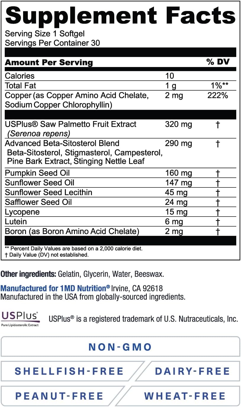 1MD Nutrition ProstateMD Saw Palmetto Prostate Support Supplement - Support for Urinary Tract and Frequent Bathroom Urges | 60 Softgels (2-Pack)