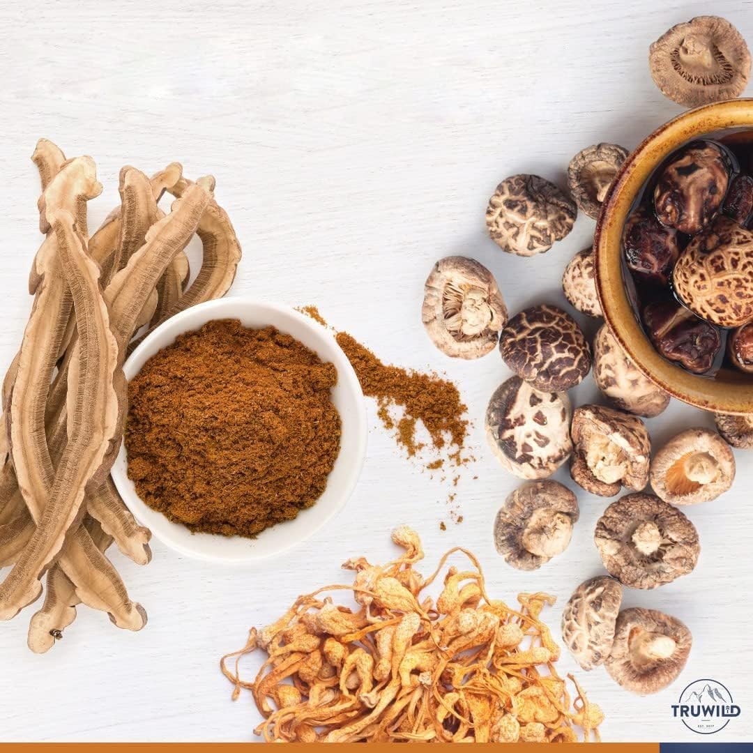 TruWild Adaptogens Vegan Capsule Supplement w/Ashwagandha + Maca w/Full Spectrum Mushrooms – All Natural – 40 Servings