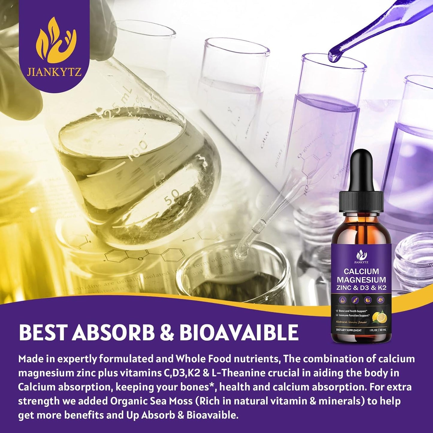 (4 Pack) Calcium Magnesium Zinc Liquid Drops for Women and Men - Bone & Teeth, Immune Support, Liquid Calcium Supplement with Magnesium Glycinate, Vitamin C D3 K2 B6, Lemon Flavor | Sugar Free