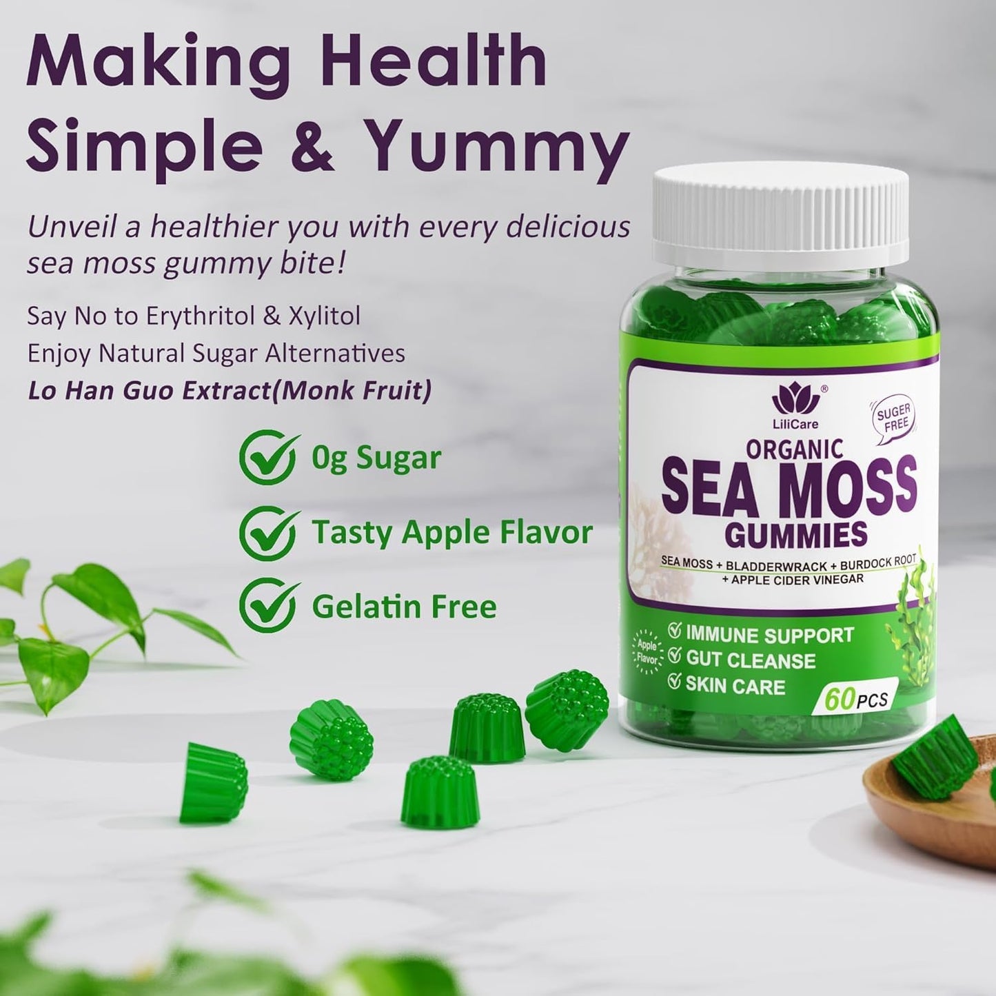 (2 Pack) Sea Moss Gummies - Irish Sea Moss Gummies for Adults & Kids - Advanced Superfood Seamoss Supplement with Organic Bladderwrack & Burdock Root Extract,ACV for Daily Immune, Gut Cleanse, Vegan