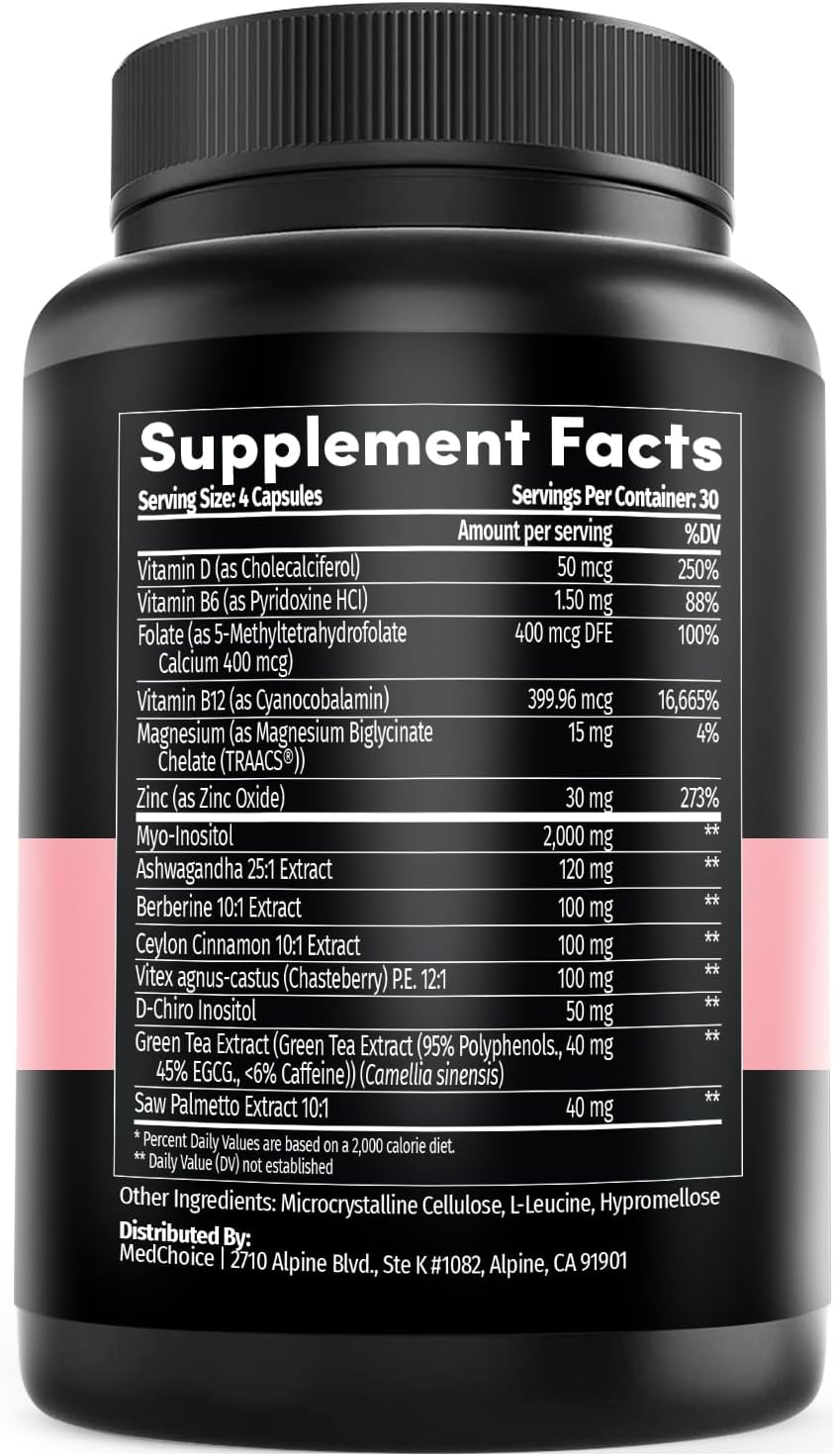 14-in-1 Inositol Supplement & Hormone Support for Women - 40:1 Myo-inositol & D-Chiro Inositol Ovarian Support Capsules for Hormone Balance with Folate, Vitamin D and B12 (120 count) (Pack of 2)