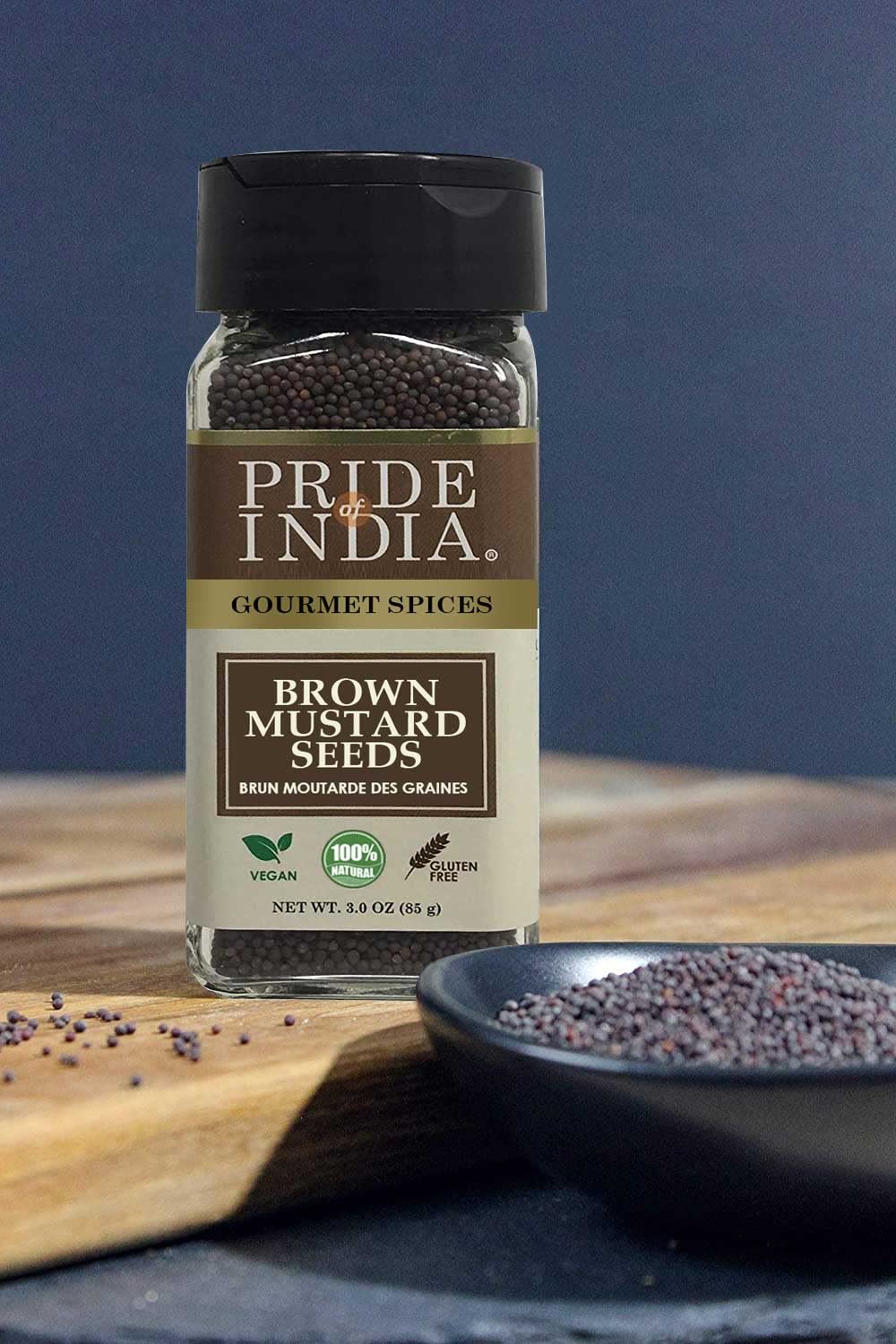 Pride of India – Brown Mustard Seed Whole – Gourmet Indian Spice – Hot & Spicy Flavor – Ideal seasoning for sauces/dips/spice blends – Easy to Use – 2.5 oz. Small Dual Sifter Bottle