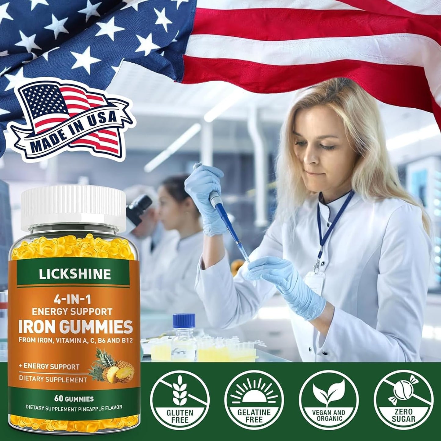 2 Pack Vegan 100MG Iron Supplement Gummies for Women & Men - with Vitamin C, A, B for Adults & Kids - Energy Support for Iron Deficiency, Anemia - Pineapple Flavor (120 Ct)