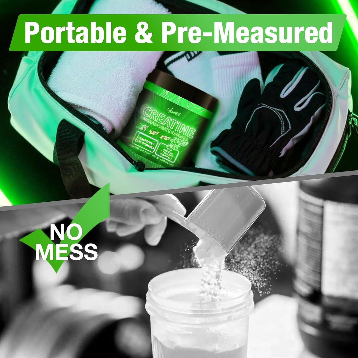 Creatine Monohydrate Gummies Complex 8500 MG for Men & Women, Creatine Monohydrate Supplement for Muscle Growth, Strength & Energy Support, Pre Workout Gummies 120 Count Green Apple Flavor