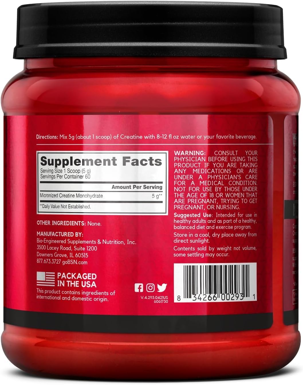 BSN Micronized Creatine Monohydrate Powder, Unflavored, 60 Servings, Supports Muscle Strength, 5g (5000mg) per Servings,Pure & Gluten Free, 5g (5000mg) per Servings