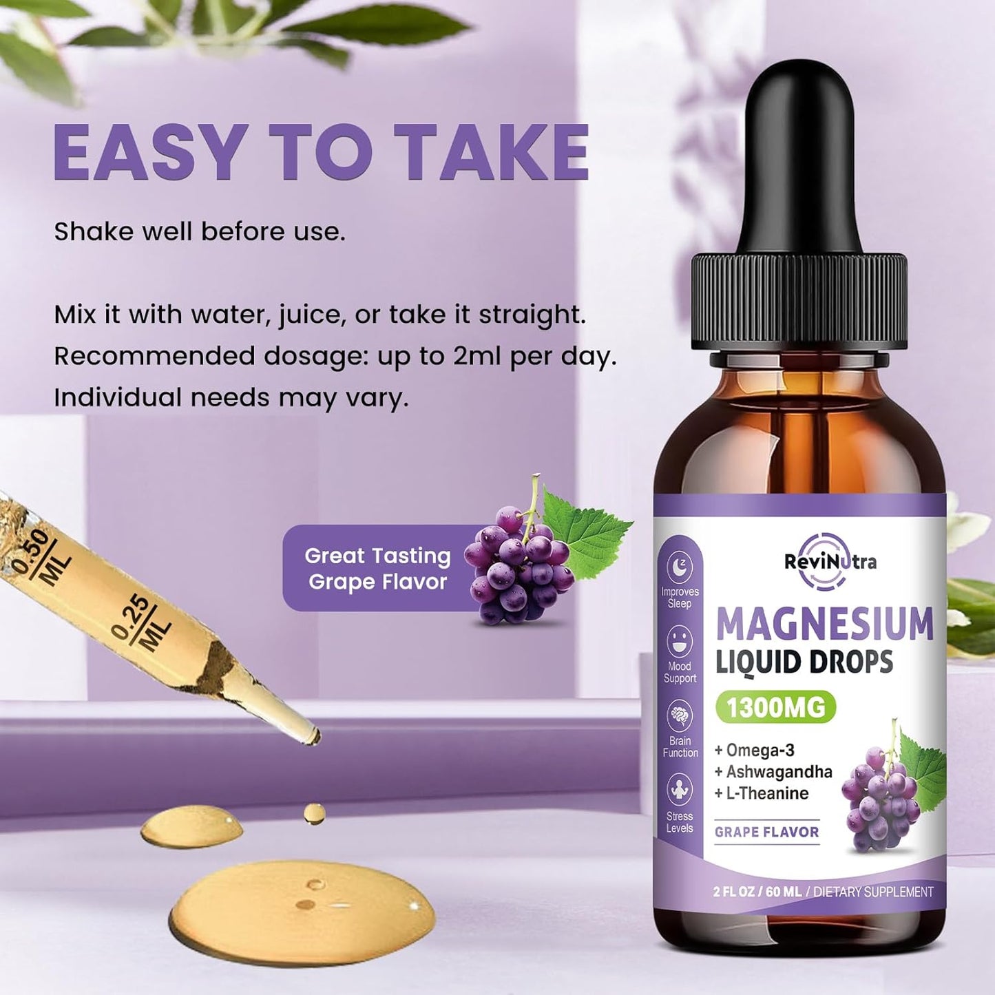2 Pack Magnesium Liquid Drops, Calm Magnesium Glycinate Liquid Drops with Taurate & Citrate, Potassium, Omega3, L-Theanine, Ashwagandha, D3, B6, B12 for Sleep, Muscle, Heart, Sugar-Free Grape Flavor