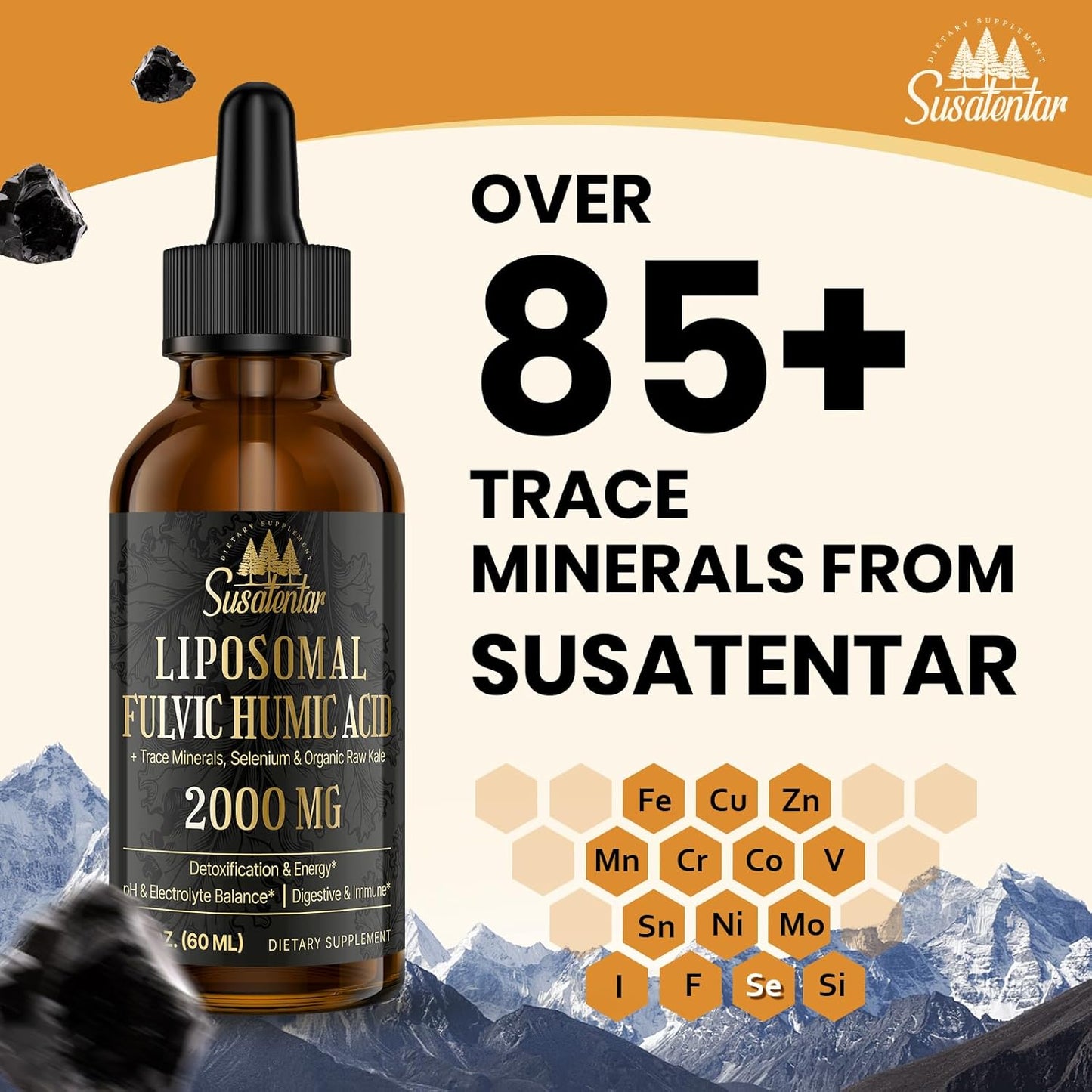 2000 MG Liposomal Fulvic Acid + Humic Acid + Trace Minerals Complex - More Potent Than Shilajit, Electrolytes Liquid Supplement with Organic Kale for Energy, Digestion, Immunity & pH Balance, 4 Oz