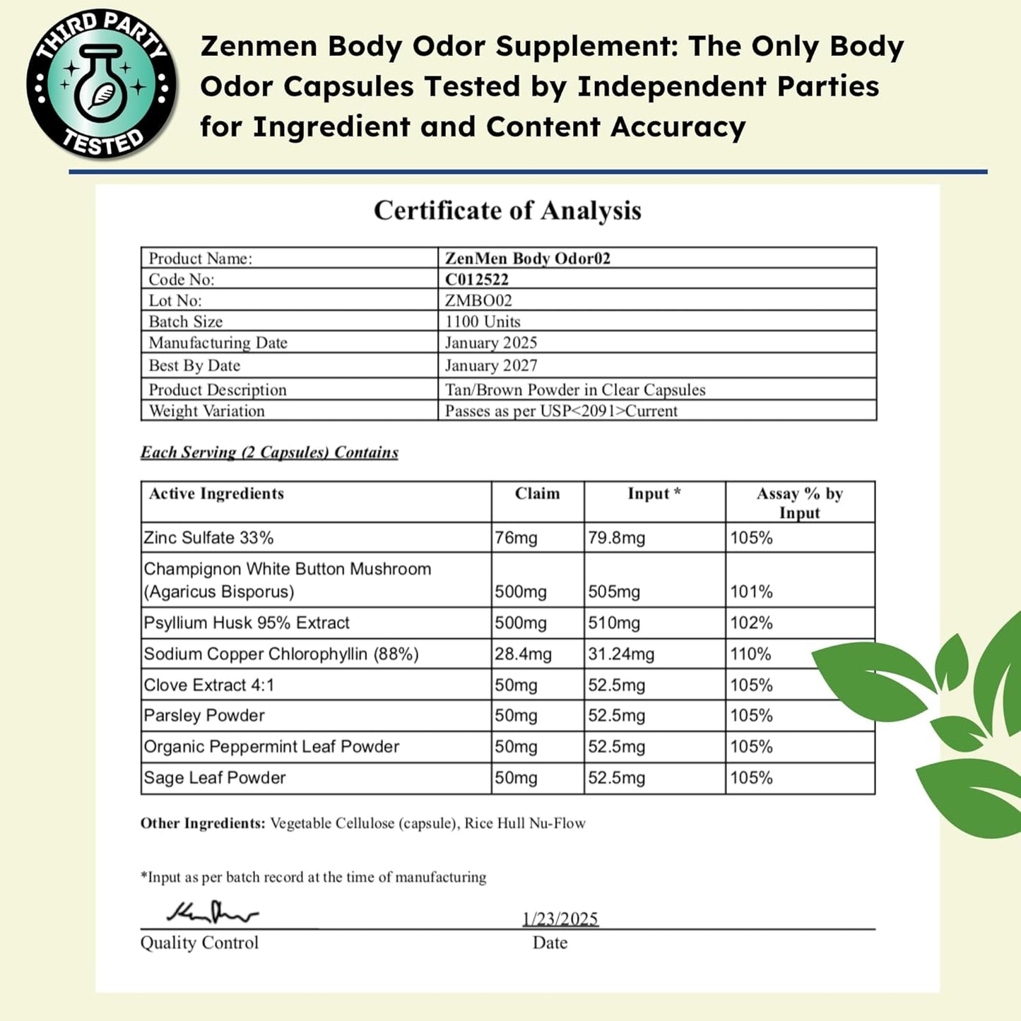 Zenmen Naturally Body Deodorizing Supplement - Body Odor Eliminator Pills - Internal Deodorant for Underarms, Intimate Areas, and Private Parts - 60 Vegan Capsules. Made in The USA
