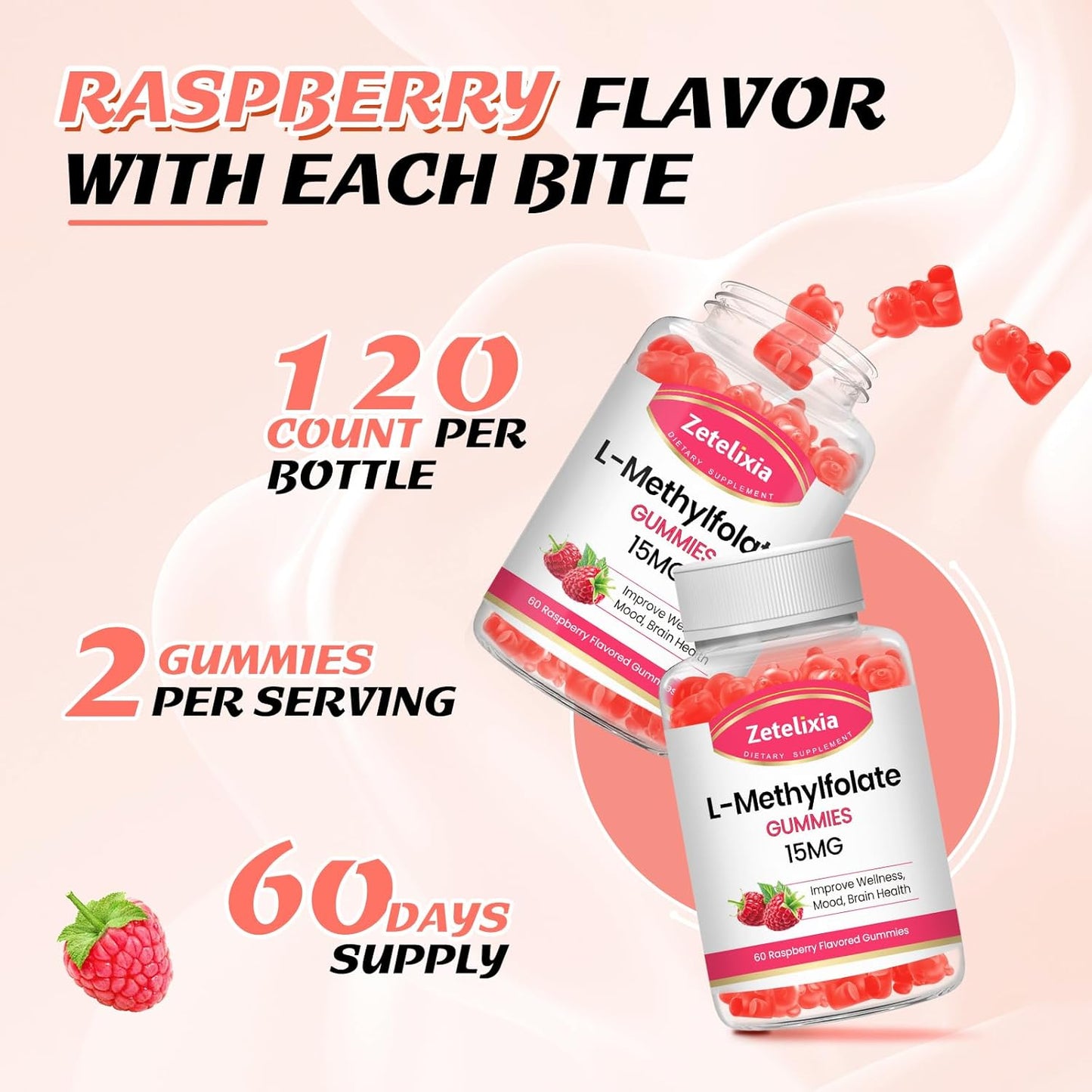 2 Pack L-Methylfolate 15mg & Methyl B12 Gummies, Folate Supplement for Brain Health, Mood & Immunity, DNA Synthesis & Repair, Sugar Free, Vegan, Raspberry Flavor, 120 Count