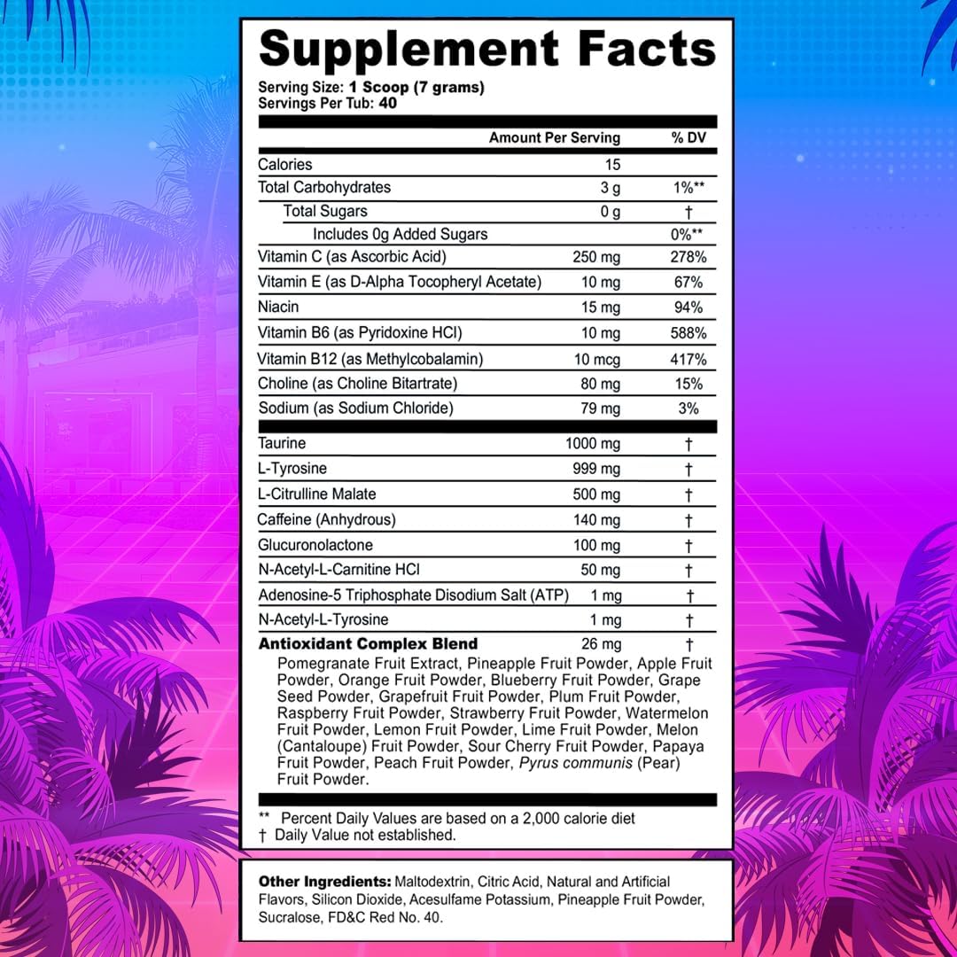 G Fuel Miami Nights Energy Drink Powder, Pre Workout Caffeine Mix for Gaming, Sugar Free Focus Amino, Vitamin + Antioxidants, 9.9oz (Strawberry Pina Colada, 40 Servings)