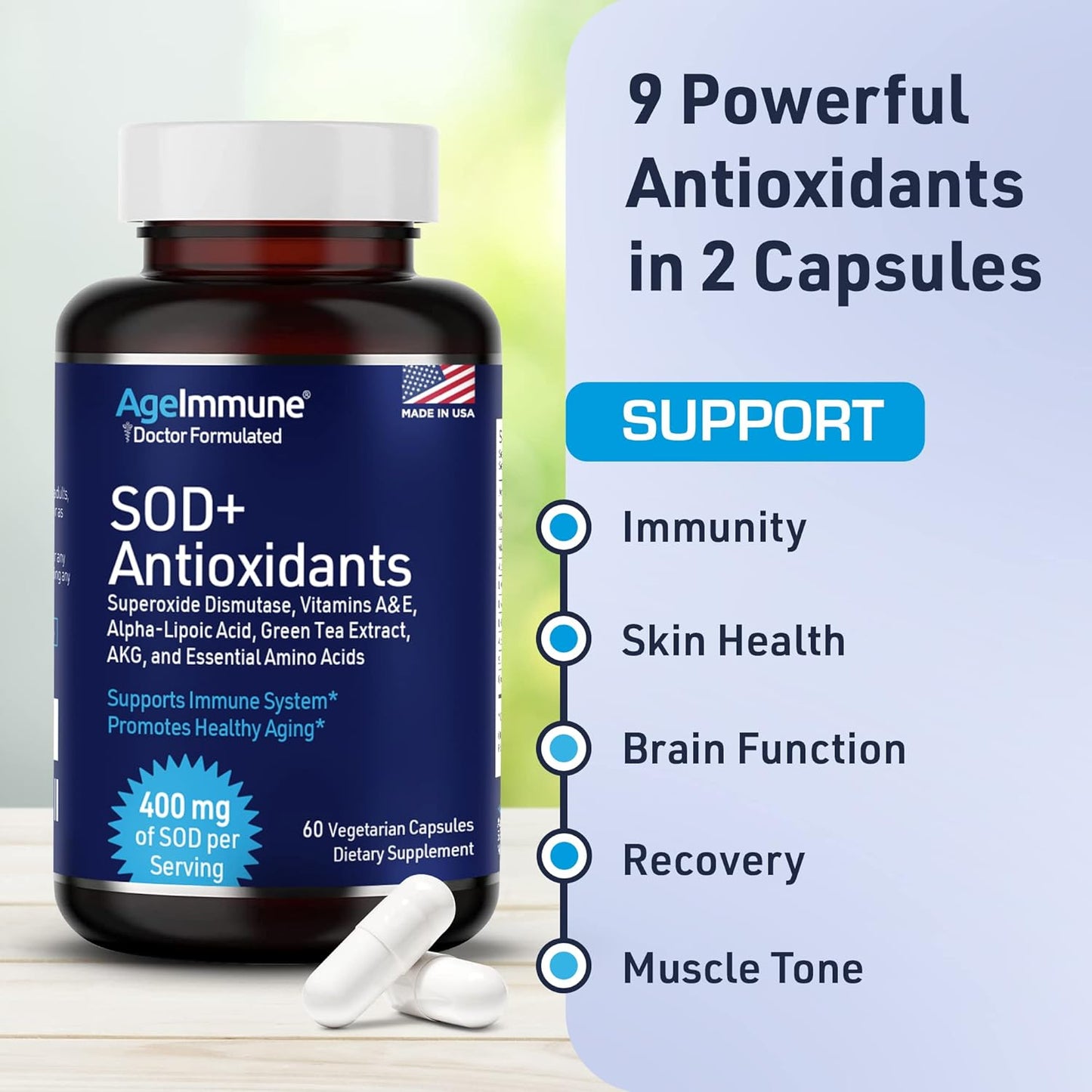 SOD Antioxidants Complex Healthy Aging Supplement, 400mg of Superoxide Dismutase, Alpha Lipoic Acid, Green Tea Extract, L-Arginine, Lysine, AKG, Vitamin A, Vitamin E - 60 Capsules -2 Bottles